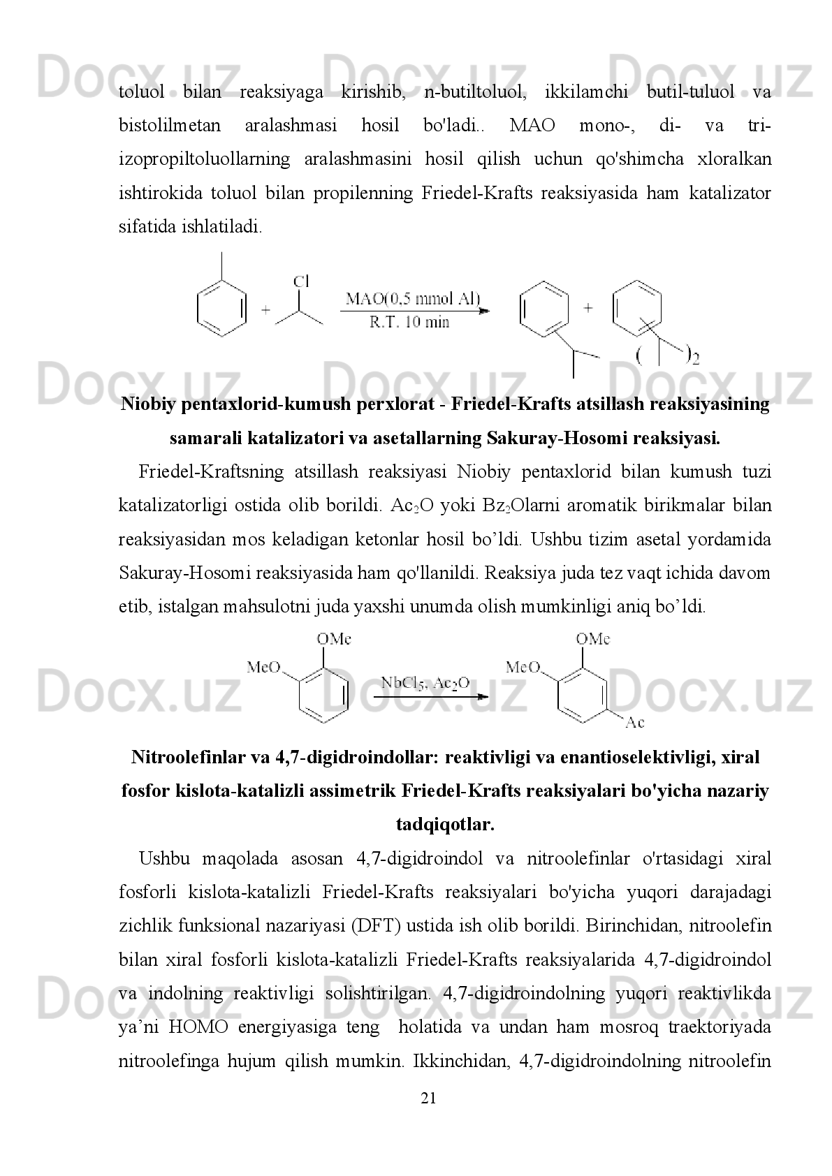 Quyidagi rasmda turli xil reaksiya vaqtlaridan benzofenon sintezida olingan grafik-
eksperimental ma'lumotlar keltirilgan. Reaksiyaning kam samaradorligi bir soatlik
sintezda   kuzatilgan.   Reaksiya   vaqti   va   unimi   ortib   borganligi   bilan   bu   ortish
mazmunli   emas.   5   soatlik   sintezdan   so'ng   olingan   benzofenon   unumi     deyarli
88,2% ni tashkil qiladi. 
Unum
3-rasm: Reaksiya vaqtining reaksiya unumiga ta’siri.
Katalizator turini reaksiya unumiga ta'siri.
Benzofenon   Friedel-Krafts   atsillash   reaksiyasiga   katalizator   turining   ta'siri   rux
oksidi   va   atsillash   katalizatorlari   AlCl
3   va   FeCl
3   bilan   ishlash   orqali   aniqlandi.
Reaksiya   vaqti   2   soat.   Ishlatiladigan   katalizator   konsentratsiyasi   benzoil   xlorid
miqdori bilan bog'liq holda 0,2% ni tashkil qiladi. Rux oksidi sintezida harorat 75-
80°C   orasida   amalga   oshadi.   AlCl
3   va   FeCl
3   katalizatori   bilan   ishlashda   esa
reaksiya harorati 40 – 45 o
Cni tashkil qiladi, chunki bu reaksiyada eituvchi sifatida
uglerod disulfid ishlatilgan. (Reaksion aralashmaga nisbatan massa bo’yicha 40%).
Sintez reaktivlarning ma’lum molyar nisbati bilan amalga oshirildi: Benzoil xlorid:
benzol 1: 2.
                                                                         141 2 3 50102030405060708090
0 0 0 0
0 0 0 0