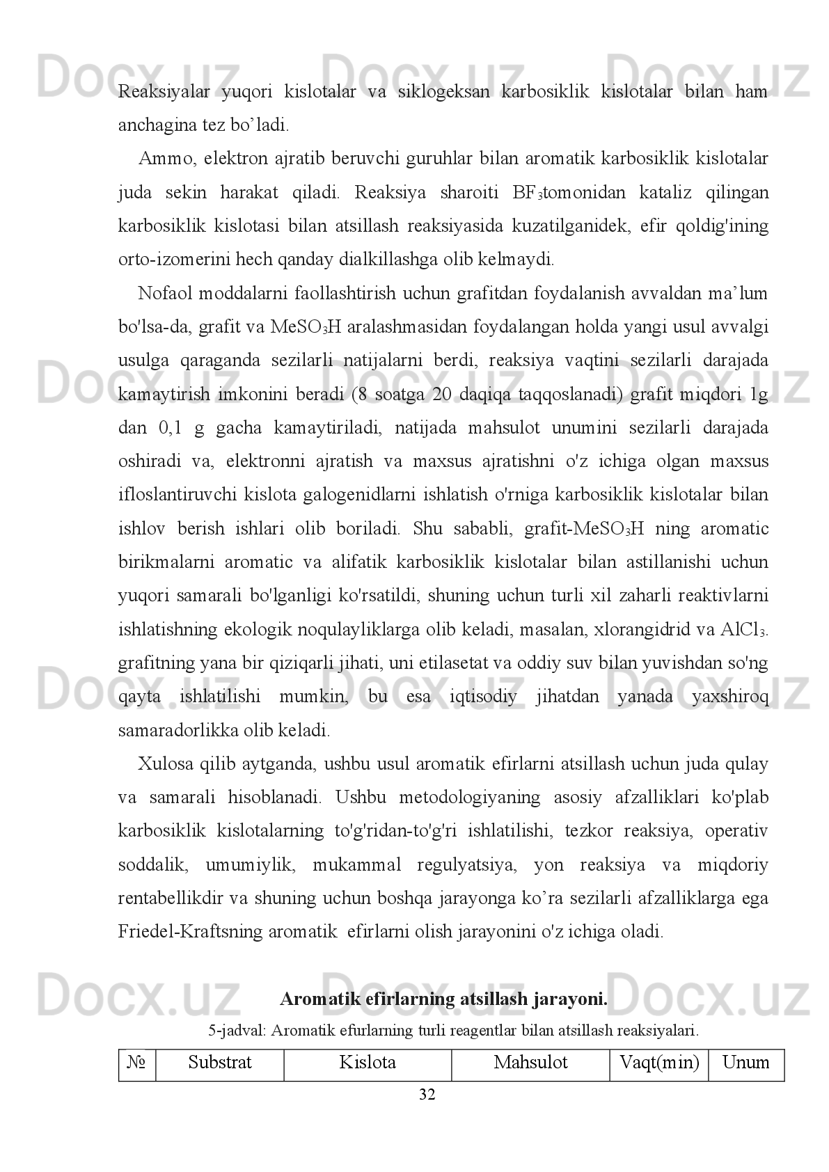atsillash,   arillash,   alkillashga   doir,   xususan,   elektronga   boy   arenlarning   turli
katalizatorlar ishtirokida organik sintezda reaksiyaga kirishishiga qaratilgan.
1.4. Friedel-Krafts reaksiyalari orqali Sydnonlar sintezini mikroto’lqin 
nurlari yordamida tezlashtirish.
Sanoat kimyosida va kimyoviy jarayonlarda zararli  moddalarni  kamaytiradigan
yoki   yo’q   qiladigan,   iqtisodiy   jihatdan   maqbul   usullarni   ishlab   chiqish   va   joriy
etish   asosiy   maqsad   hisoblanadi.   Buning   uchun   har   xil   strategiyalar   ishlab
chiqilgan.   Ushbu   maqsadga   erishish   uchun   jalb   qilingan   usullardan   biri,   agar
kerakli   kimyoviy   konvertatsiya   qilish   bilan   yon   mahsulotlar   yoki   chiqindilar
kamaytirish va shuningdek, an'anaviy organik erituvchilardan foydalanishni to’g’ri
tadbiq qilish uchun alternativ reaksiyalar  va reaksiya  vositalarini  o'rganish lozim.
Muhim   vositalar   qatorida   muqobil   energiya   manbasi   sifatida   mikroto’lqin
nurlardan foydalanish tobora maqbul yo’lga aylanmoqda.
Mikroto'lqinli nurlanish (MW) usulining keng qo’llanilishi reaksiya tezligini va
kimyoviy sintezda mahsulot unumini oshirishga, murakkab ko'p bosqichli sintezda
hamda zamonaviy dori kashfiyotiga keng yo'l ochib berdi. Bundan tashqari, uning
noyob   qobiliyatlari   an'anaviy   usullar   orqali   amalga   oshirish   qiyin   yoki   imkonsiz
bo'lgan transformatsiyalarni amalga oshirishga imkon beradi.
Noyob   tuzilishli   geterosikllar   ichida   mesoion   birikmalar   alohida   ahamiyatga
ega.   Sidnonlar   -   mesoion   birikmalarining   eng   muhim   vakili,   chunki   ular   har   xil
turdagi   fiziologik   faollikka   ega   bo'lib,   faollik   geterosiklik   halqadagi
o’rinbosarlarga   bog'liq.   Sidnon   birikmalari     turli   xil   biologik   xususiyatlar,
antioksidant   faollik   va   suyuq   kristall   xususiyatlariga   ega.   Bundan   tashqari,   ular
1,3-dipolli  qo'shimchalar,  tabiiy kimyo va  akkumulyator  dasturlarida prekursorlar
sifatida ishlatilgan. Sidnon kimyo bo'yicha keng qamrovli ishlar, an'anaviy usullar
bilan   birgalikda   bir   necha   kimyoviy   usullar   amalga   oshirilgan.   Shu   bilan   birga,
sidnon   kimyosida   mikroto'lqinli   nurlarni   ta’siri     umuman    o'rganilmagan.  Quyida
Friedel-Krafts   reaksiyasidan   foydalanib,   4-atsil-3-(3,5-diasosli)   fenil   sidnonlar
qatorining   tez,   samarali,   toza,   ekologik   jihatdan   afzal   va   qulay   usul   bilan   sintez
                                                                         26