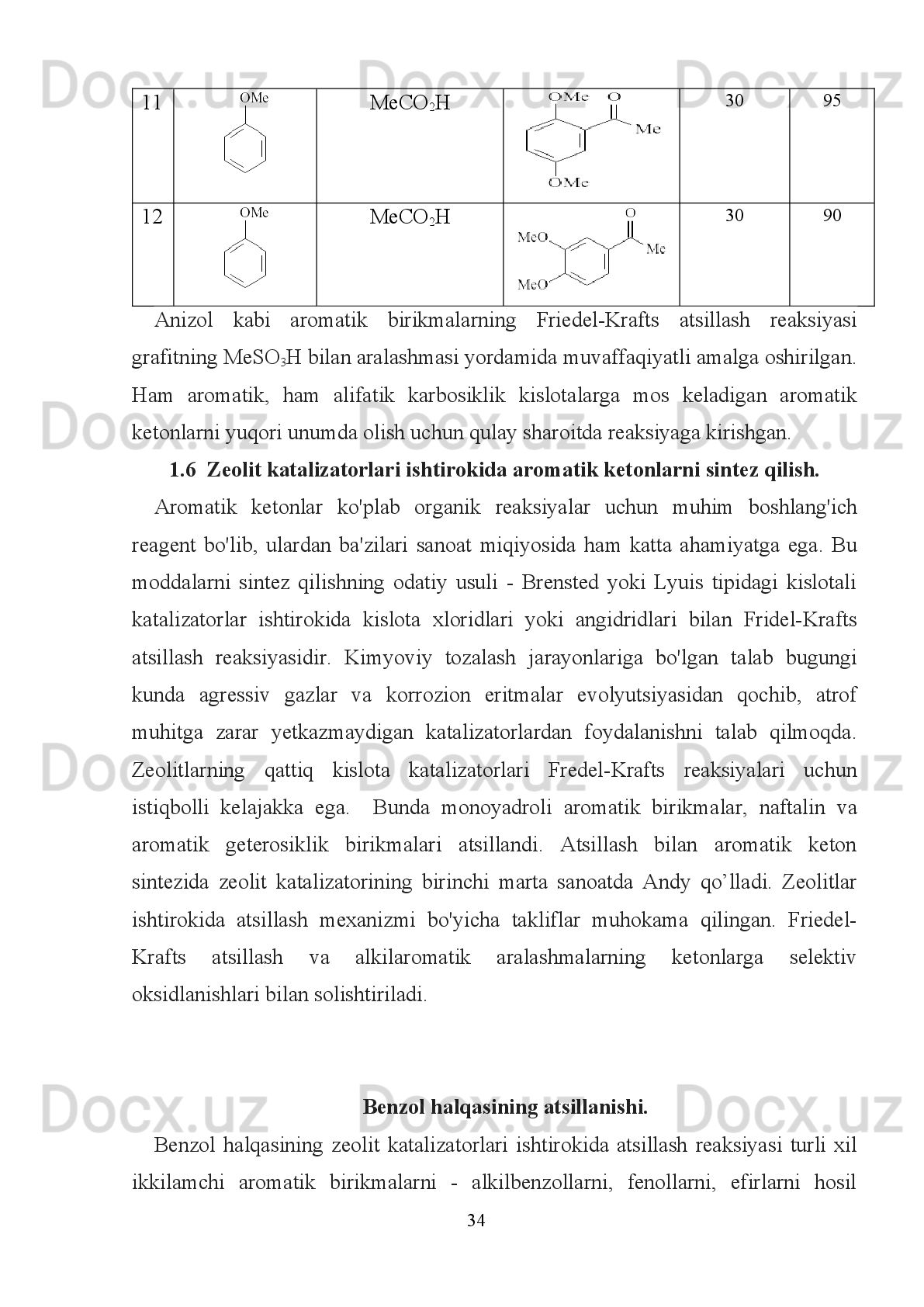 2-jadval:Mikroto’lqin nurlar va odatdagi metodla r.
Aralashma MT metodi Odatdagi metod
№ Nisbatlar
(monoatsil:diatsil) Vaqt(min) Unum(%) Vaqt(min) Unum(%)
1 1:3 8 93 12 58
2 1:1 10 89 15 52
3 1:4 12 87 18 61
4 2:1 12 83 24 48
5 1:2 14 85 36 53
6 2:2 16 88 48 46
3-jadval: Erish nuqtalari va kimyoviy tozalashda qo’llanilishi
Aralashma Kuzatishdagi E.N.
( o
C) Adabiyotdagi E.N.
( o
C) Kimyoviy
tozalashda
1 130-1 130-2 Qaynoq etanol
2 110-1 110-2 Qaynoq etanol
3 117-8 115-7 Qaynoq etanol
4 150-1 149-51 Qaynoq etanol
5 138-9 138-40 Qaynoq etanol
6 57-8 57-8 Qaynoq etanol
Yuqoridagi   maqsadga   erishish   uchun   asosiy   vaqt   reagentlarning   aralashishi
uchun sarflandi. Boshlang’ich reaksiyalarimizda bu reagentlar reaksiyaning oxirida
ishlatilar va reaksiya 90 minut davom etardi. Bizning oxirgi reaksiyamiz bir kecha
davom   etdi,   tekshirishlar   natijasida   reaksion   aralashmada     YAX   mavjudligini
ko’rsatdi.   1-jadvalda   to'liq   konversiyalashga   erishish   uchun   ishlatiladigan   turli
miqdorda   katalizatorlar   va   angidrid   ko'rsatilgan.   Ushbu   jarayonlarning   hech   biri
to'liq   konvertatsiya   qilishga   olib   kelmadi;   juda   ko'p   katalizator   yoki   angidrid
konversiyalanishni   va   mahsulot   unumini   pasaytirishi   aniq   bo'ldi.   Reaksiyaning
borish vaqtini uzayishi sidnon halqaning hosil bo’lishiga olib keldi, shuning uchun
reaksiyaning   rentabelligi   pasaydi.   Masalan,   sirka   angidridi   miqdori   10
                                                                         28 