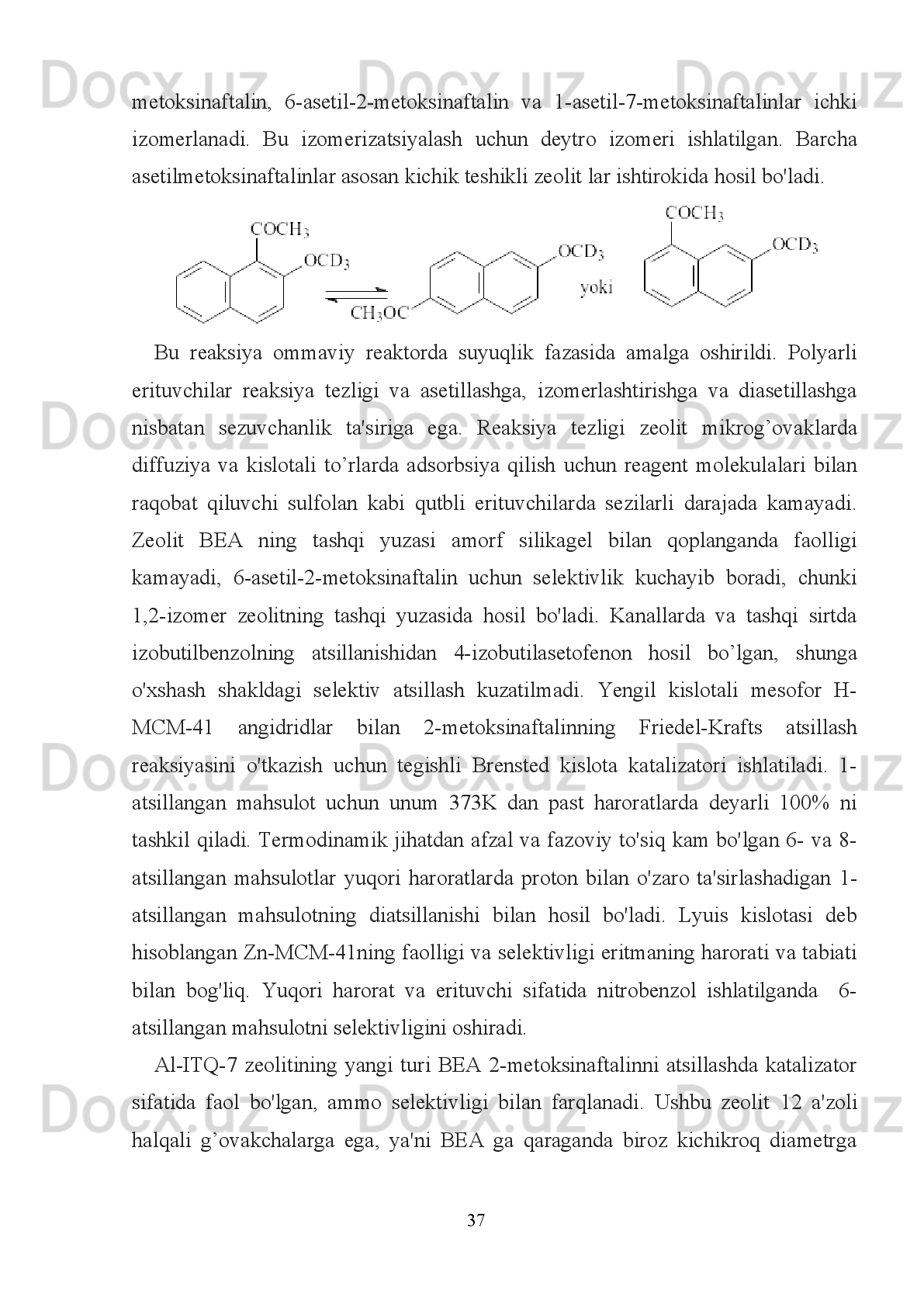 oddiy massaning oddiy dietil efir orqali ekstraktsiyalash va odatdagi ishlov berish
bilan   izolyatsiya   qilingan.   Bir   nechta   strukturaviy   o'zgaruvchan   aromatik   efirlar
siklik, asiklik va aromatic birikmalar kabi keng turdagi karbosiklik kislotalar bilan
atsillangan. Natijalar quyidagi jadvalda keltirilgan.
4-jadval: Grafit va metilsufokislotaning turli nisbatlaridagi atsillash raeksiyasi natijalari.
№ Sharoitlar Vaqt(min) Unum(%)
1 H
2 SO
4 , 80  o
C 120 10
2 PPA, 80  o
C 60 10
3 MeSO
3 H (1ml), 80  o
C 60 Yo’q
4 grafit (0,1g), 80  o
C 120 Reaksiya bormadi
5 grafit (0,1g), 
MeSO
3 H (1,5ml), 100  o
C 10 80
6 grafit (0,1g), 
MeSO
3 H (0,5ml), 100  o
C 5 75
7 grafit (0,1g), 
MeSO
3 H (0,3ml), 100  o
C 10 82
8 grafit (0,1g), 
MeSO
3 H (1,5ml), 80  o
C 10 85
9 grafit (0,1g), 
MeSO
3 H (0,5ml), 60  o
C 60 70
10 grafit (0,1g), 
MeSO
3 H (0,3ml), 80  o
C 20 98
Reaksiyalar   ajoyib   darajada   toza   va   spektr - toza   aralashmalarni   olish   uchun
xromatografik   ajratish   zarur   emas .   Atsillash   nafaqat   OMe   guruhiga,   balki
o'rganilayotgan   barcha   efirlarning   yuqori   hosilalari   uchun   ham   amalg   oshiriladi.
Atsilashda   OMe   guruh   para   holatiga   borish   unumi   yuqori   bo’ladi.   Biroq,   para
holatning   joylashuvi   to’sib   qo’yiladi   atsil   guruh   orto-efir   qismiga   kiritiladi.
                                                                         31 