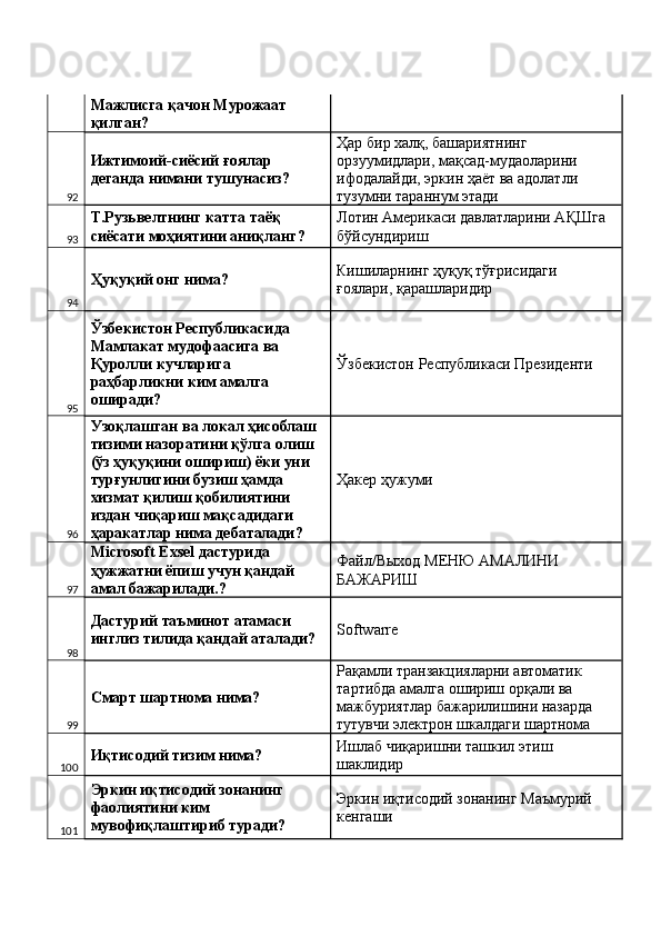 Мажлисга қачон Мурожаат 
қилган? 
92 Ижтимоий-сиёсий ғоялар 
деганда нимани тушунасиз?  Ҳар бир халқ, башариятнинг 
орзуумидлари, мақсад-мудаоларини 
ифодалайди, эркин ҳаёт ва адолатли 
тузумни тараннум этади 
93 Т.Рузьвелтнинг катта таёқ 
сиёсати моҳиятини аниқланг?  Лотин Америкаси давлатларини АҚШга 
бўйсундириш 
94 Ҳуқуқий онг нима?  Кишиларнинг ҳуқуқ тўғрисидаги 
ғоялари, қарашларидир 
95 Ўзбекистон Республикасида 
Мамлакат мудофаасига ва 
Қуролли кучларига 
раҳбарликни ким амалга 
оширади?  Ўзбекистон Республикаси Президенти 
96 Узоқлашган ва локал ҳисоблаш 
тизими назоратини қўлга олиш 
(ўз ҳуқуқини ошириш) ёки уни 
турғунлигини бузиш ҳамда 
хизмат қилиш қобилиятини 
издан чиқариш мақсадидаги 
ҳаракатлар нима дебаталади?  Ҳакер ҳужуми 
97 Microsoft Exsel дастурида 
ҳужжатни ёпиш учун қандай 
амал бажарилади.?  Файл/Выход МЕНЮ АМАЛИНИ 
БАЖАРИШ 
98 Дастурий таъминот атамаси 
инглиз тилида қандай аталади?  Softwarre 
99 Смарт шартнома нима?  Рақамли транзакцияларни автоматик 
тартибда амалга ошириш орқали ва 
мажбуриятлар бажарилишини назарда 
тутувчи электрон шкалдаги шартнома 
100 Иқтисодий тизим нима?  Ишлаб чиқаришни ташкил этиш 
шаклидир 
101 Эркин иқтисодий зонанинг 
фаолиятини ким 
мувофиқлаштириб туради?  Эркин иқтисодий зонанинг Маъмурий 
кенгаши  