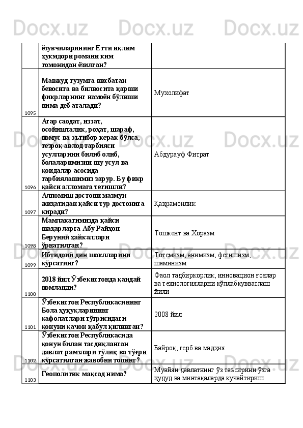 ёзувчиларининг Етти иқлим 
ҳукмдори романи ким 
томонидан ёзилган? 
1095 Мавжуд тузумга нисбатан 
бевосита ва билвосита қарши 
фикрларнинг намоён бўлиши 
нима деб аталади?  Мухолифат 
1096 Агар саодат, иззат, 
осойишталик, роҳат, шараф, 
номус ва эътибор керак бўлса, 
тезроқ авлод тарбияси 
усулларини билиб олиб, 
болаларимизни шу усул ва 
қоидалар асосида 
тарбиялашимиз зарур. Бу фикр 
қайси алломага тегишли?  Абдурауф Фитрат 
1097 Алпомиш достони мазмун 
жиҳатидан қайси тур достонига 
киради?  Қаҳрамонлик 
1098 Мамлакатимизда қайси 
шаҳарларга Абу Райҳон 
Беруний ҳайкаллари 
ўрнатилган?  Тошкент ва Хоразм 
1099 Ибтидоий дин шаклларини 
кўрсатинг?  Тотемизм, анимизм, фетишизм, 
шаминизм 
1100 2018 йил Ўзбекистонда қандай 
номланди?  Фаол тадбиркорлик, инновацион ғоялар 
ва технологияларни қўллабқувватлаш 
йили 
1101 Ўзбекистон Республикасининг 
Бола ҳуқуқларининг 
кафолатлари тўғрисидаги 
қонуни қачон қабул қилинган?  2008 йил 
1102 Ўзбекистон Республикасида 
қонун билан тасдиқланган 
давлат рамзлари тўлиқ ва тўғри 
кўрсатилган жавобни топинг?  Байроқ, герб ва мадҳия 
1103 Геополитик мақсад нима?  Муайян давлатнинг ўз таъсирини ўзга 
ҳудуд ва минтақаларда кучайтириш  