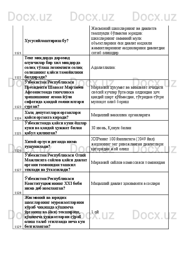 1121 Хусусийлаштириш бу?  Жисмоний шахсларнинг ва давлатга 
тааллуқли бўлмаган юридик 
шахсларнинг оммавий мулк 
объектларини ёки давлат акцияли 
жамиятларининг акцияларини давлатдан 
сотиб олишдир 
1122 Тенг миқдорда даромад 
олувчилар бир хил миқдорда 
солиқ тўлаш лозимлиги солиқ 
солишнинг қайси тамойилини 
билдиради?  Адолатлилик 
1123 Ўзбекистон Республикаси 
Президенти Шавкат Мирзиёев 
Афғонистонда тинчликка 
эришишнинг ягона йўли 
сифатида қандай ғояни илгари 
сурган?  Марказий ҳукумат ва мамлакат ичидаги 
сиёсий кучлар ўртасида олдиндан ҳеч 
қандай шарт қўймасдан, тўғридан-тўғри 
мулоқот олиб бориш 
1124 Халқ депутатлари органлари 
қайси органга киради?  Маҳаллий вакиллик органларига 
1125 Ўзбекистонда қайси куни ёшлар 
куни ва қандай ҳужжат билан 
қабул қилинган?  30 июнь, Қонун билан 
1126 Хитой орзуси деганда нима 
тушунилади?  ХХРнинг 100 йиллигига (2049 йил) 
жаҳоннинг энг ривожланган давлатлари 
қаторидан жой олиш 
1127 Ўзбекистон Республикаси Олий 
Мажлисига сайлов қайси давлат
органи томонидан ташкил 
этилади ва ўтказилади?  Марказий сайлов комиссияси томонидан 
1128 Ўзбекистон Республикаси 
Конституциясининг XXI боби 
нима деб номланган?  Маҳаллий давлат ҳокимияти асослари 
1129 Жисмоний ва юридик 
шахсларнинг мурожаатларини 
кўриб чиқишда қўшимча 
ўрганиш ва (ёки) текшириш, 
қўшимча ҳужжатларни сўраб 
олиш талаб этилганда неча кун 
белгиланган?  1 ой  