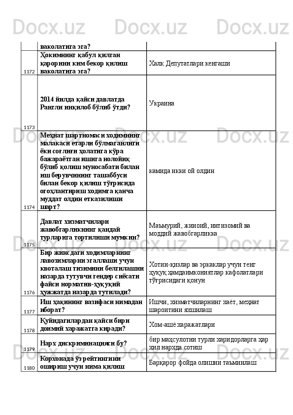 ваколатига эга? 
1172 Ҳокимнинг қабул қилган 
қарорини ким бекор қилиш 
ваколатига эга?  Халк Депутатлари кенгаши 
1173 2014 йилда қайси давлатда 
Рангли инқилоб бўлиб ўтди?  Украина 
1174 Меҳнат шартномаси ходимнинг 
малакаси етарли бўлмаганлиги 
ёки соғлиғи ҳолатига кўра 
бажараётган ишига нолойиқ 
бўлиб қолиш муносабати билан 
иш берувчининг ташаббуси 
билан бекор қилиш тўғрисида 
огоҳлантириш ходимга қанча 
муддат олдин етказилиши 
шарт?  камида икки ой олдин 
1175 Давлат хизматчилари 
жавобгарликнинг қандай 
турларига тортилиши мумкин?  Маъмурий, жиноий, интизомий ва 
моддий жавобгарликка 
1176 Бир жинсдаги ходимларнинг 
лавозимларни эгаллаши учун 
квоталаш тизимини белгилашни
назарда тутувчи гендер сиёсати 
файси норматив-ҳуқуқий 
ҳужжатда назарда тутилади?  Хотин-қизлар ва эркаклар учун тенг 
ҳуқуқ ҳамдаимкониятлар кафолатлари 
тўғрисидаги қонун 
1177 Иш ҳақининг вазифаси нимадан
иборат?  Ишчи, хизматчиларнинг хаёт, меҳнат 
шароитини яхшилаш 
1178 Қуйидагилардан қайси бири 
доимий харажатга киради?  Хом-ашё харажатлари 
1179 Нарх дискриминацияси бу?  бир маҳсулотни турли харидорларга ҳар 
хил нархда сотиш 
1180 Корхонада ўз рейтингини 
ошириш учун нима қилиш  Барқарор фойда олишни таъминлаш  
