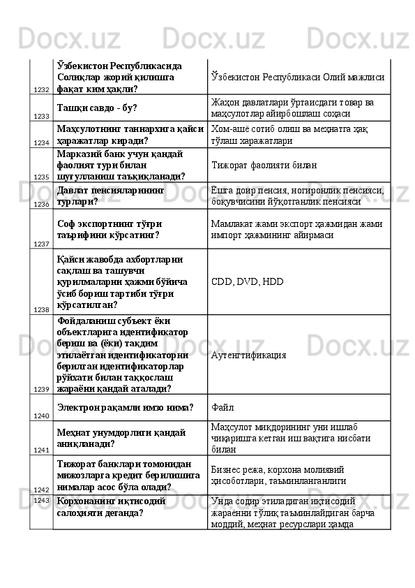 1232 Ўзбекистон Республикасида 
Солиқлар жорий қилишга 
фақат ким ҳақли?  Ўзбекистон Республикаси Олий мажлиси
1233 Ташқи савдо - бу?  Жаҳон давлатлари ўртаисдаги товар ва 
маҳсулотлар айирбошлаш соҳаси 
1234 Маҳсулотнинг таннархига қайси
ҳаражатлар киради?  Хом-ашё сотиб олиш ва меҳнатга ҳақ 
тўлаш харажатлари 
1235 Марказий банк учун қандай 
фаолият тури билан 
шуғулланиш таъқиқланади?  Тижорат фаолияти билан 
1236 Давлат пенсияларининг 
турлари?  Ёшга доир пенсия, ногиронлик пенсияси, 
боқувчисини йўқотганлик пенсияси 
1237 Соф экспортнинг тўғри 
таърифини кўрсатинг?  Мамлакат жами экспорт ҳажмидан жами 
импорт ҳажмининг айирмаси 
1238 Қайси жавобда ахбортларни 
сақлаш ва ташувчи 
қурилмаларни ҳажми бўйича 
ўсиб бориш тартиби тўғри 
кўрсатилган?  CDD, DVD, HDD 
1239 Фойдаланиш субъект ёки 
объектларига идентификатор 
бериш ва (ёки) тақдим 
этилаётган идентификаторни 
берилган идентификаторлар 
рўйхати билан таққослаш 
жараёни қандай аталади?  Аутенгтификация 
1240 Электрон рақамли имзо нима?  Файл 
1241 Меҳнат унумдорлиги қандай 
аниқланади?  Маҳсулот миқдорининг уни ишлаб 
чиқаришга кетган иш вақтига нисбати 
билан 
1242 Тижорат банклари томонидан 
мижозларга кредит берилишига 
нималар асос бўла олади?  Бизнес режа, корхона молиявий 
ҳисоботлари, таъминланганлиги 
1243
Корхонанинг иқтисодий 
салоҳияти деганда?  Унда содир этиладиган иқтисодий 
жараённи тўлиқ таъминлайдиган барча 
моддий, меҳнат ресурслари ҳамда  