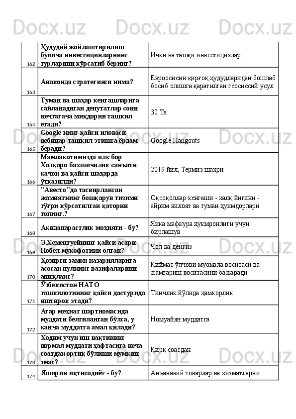 162 Ҳудудий жойлаштирилиш 
бўйича инвестицияларнинг 
турларини кўрсатиб беринг?  Ички ва ташқи инвестициялар 
163 Анаконда стратегияси нима?  Евроосиёни қирғоқ ҳудудларидан бошлаб
босиб олишга қаратилган геосиёсий усул 
164 Туман ва шаҳар кенгашларига 
сайланадиган депутатлар сони 
нечтагача миқдорни ташкил 
етади?  30 Ta 
165 Google нинг қайси иловаси 
вебинар ташкил этишга ёрдам 
беради?  Gogle Hangouts 
166 Мамлакатимизда илк бор 
Халқаро бахшичилик санъати 
қачон ва қайси шаҳарда 
ўтказилди?  2019 йил, Термиз шаҳри 
167 "Авесто"да тасвирланган 
жамиятнинг бошқарув тизими 
тўғри кўрсатилган қаторни 
топинг.?  Оқсоқоллар кенгаши - халқ йиғини - 
айрим вилоят ва туман ҳукмдорлари 
168 Ақидапарастлик моҳияти - бу?  Якка мафкура ҳукмронлиги учун 
бирлашув 
169 Э.Хеменгуейнинг қайси асари 
Нобел мукофотини олган?  Чол ва денгиз 
170 Ҳозирги замон назарияларига 
асосан пулнинг вазифаларини 
аниқланг?  Қиймат ўлчови муомала воситаси ва 
жамғариш воситасини бажаради 
171 Ўзбекистон НАТО 
ташкилотининг қайси дастурида
иштирок этади?  Тинчлик йўлида ҳамкорлик 
172 Агар меҳнат шартномасида 
муддати белгиланган бўлса, у 
қанча муддатга амал қилади?  Номуайян муддатга 
173 Ходим учун иш вақтининг 
нормал муддати ҳафтасига неча 
соатдан ортиқ бўлиши мумкин 
эмас?  Қирқ соатдан 
174 Яширин иқтисодиёт - бу?  Анъанавий товарлар ва хизматларни  