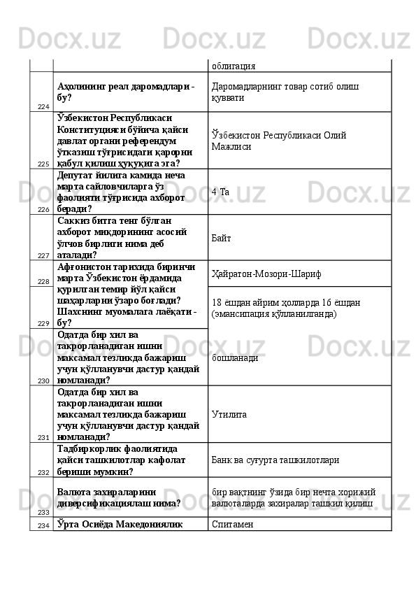 облигация 
224 Аҳолининг реал даромадлари - 
бу?  Даромадларнинг товар сотиб олиш 
қуввати 
225 Ўзбекистон Республикаси 
Конституцияси бўйича қайси 
давлат органи референдум 
ўтказиш тўғрисидаги қарорни 
қабул қилиш ҳуқуқига эга?  Ўзбекистон Республикаси Олий 
Мажлиси 
226 Депутат йилига камида неча 
марта сайловчиларга ўз 
фаолияти тўғрисида ахборот 
беради?  4 Ta 
227 Саккиз битга тенг бўлган 
ахборот миқдорининг асосий 
ўлчов бирлиги нима деб 
аталади?  Байт 
228 Афғонистон тарихида биринчи 
марта Ўзбекистон ёрдамида 
қурилган темир йўл қайси 
шаҳарларни ўзаро боғлади? 
Шахснинг муомалага лаёқати - 
бу?  Ҳайратон-Мозори-Шариф 
229 18 ёшдан айрим ҳолларда 16 ёшдан 
(эмансипация қўлланилганда) 
230 Одатда бир хил ва 
такрорланадиган ишни 
максамал тезликда бажариш 
учун қўлланувчи дастур қандай 
номланади?  бошланади 
231 Одатда бир хил ва 
такрорланадиган ишни 
максамал тезликда бажариш 
учун қўлланувчи дастур қандай 
номланади?  Утилита 
232 Тадбиркорлик фаолиятида 
қайси ташкилотлар кафолат 
бериши мумкин?  Банк ва суғурта ташкилотлари 
233 Валюта захираларини 
диверсификациялаш нима?  бир вақтнинг ўзида бир нечта хорижий 
валюталарда захиралар ташкил қилиш 
234 Ўрта Осиёда Македониялик  Спитамен  
