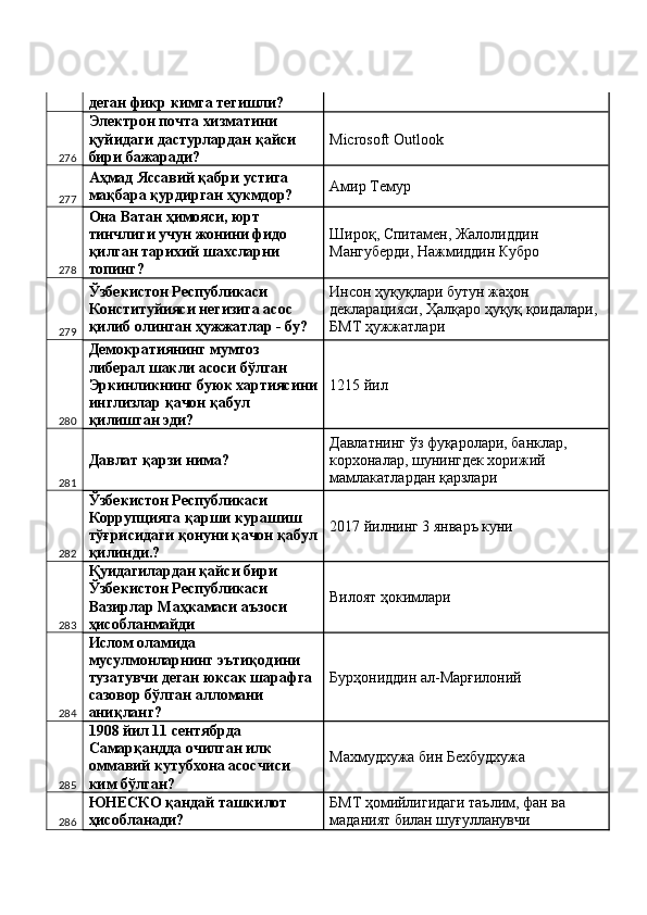 деган фикр кимга тегишли? 
276 Электрон почта хизматини 
қуйидаги дастурлардан қайси 
бири бажаради?  MicrГoft Outlok 
277 Аҳмад Яссавий қабри устига 
мақбара қурдирган ҳукмдор?  Амир Темур 
278 Она Ватан ҳимояси, юрт 
тинчлиги учун жонини фидо 
қилган тарихий шахсларни 
топинг?  Широқ, Спитамен, Жалолиддин 
Мангуберди, Нажмиддин Кубро 
279 Ўзбекистон Республикаси 
Конституйияси негизига асос 
қилиб олинган ҳужжатлар - бу?  Инсон ҳуқуқлари бутун жаҳон 
декларацияси, Ҳалқаро ҳуқуқ қоидалари, 
БМТ ҳужжатлари 
280 Демократиянинг мумтоз 
либерал шакли асоси бўлган 
Эркинликнинг буюк хартиясини
инглизлар қачон қабул 
қилишган эди?  1215 йил 
281 Давлат қарзи нима?  Давлатнинг ўз фуқаролари, банклар, 
корхоналар, шунингдек хорижий 
мамлакатлардан қарзлари 
282 Ўзбекистон Республикаси 
Коррупцияга қарши курашиш 
тўғрисидаги қонуни қачон қабул
қилинди.?  2017 йилнинг 3 январъ куни 
283 Қуидагилардан қайси бири 
Ўзбекистон Республикаси 
Вазирлар Маҳкамаси аъзоси 
ҳисобланмайди  Вилоят ҳокимлари 
284 Ислом оламида 
мусулмонларнинг эътиқодини 
тузатувчи деган юксак шарафга 
сазовор бўлган алломани 
аниқланг?  Бурҳониддин ал-Марғилоний 
285 1908 йил 11 сентябрда 
Самарқандда очилган илк 
оммавий кутубхона асосчиси 
ким бўлган?  Махмудхужа бин Бехбудхужа 
286 ЮНЕСКО қандай ташкилот 
ҳисобланади?  БМТ ҳомийлигидаги таълим, фан ва 
маданият билан шуғулланувчи  