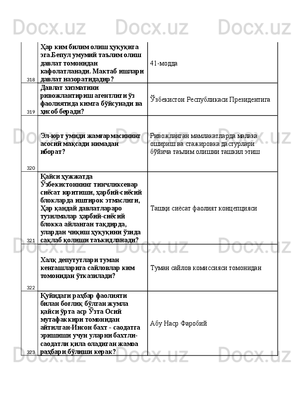 318 Ҳар ким билим олиш ҳуқуқига 
эга.Бепул умумий таълим олиш 
давлат томонидан 
кафолатланади. Мактаб ишлари
давлат назоратидадир?  41-модда 
319 Давлат хизматини 
ривожлантириш агентлиги ўз 
фаолиятида кимга бўйсунади ва 
ҳисоб беради?  Ўзбекистон Республикаси Президентига 
320 Эл-юрт умиди жамғармасининг 
асосий мақсади нимадан 
иборат?  Ривожланган мамлакатларда малака 
ошириш ва стажировка дастурлари 
бўйича таълим олишни ташкил этиш 
321 Қайси ҳужжатда 
Ўзбекистоннинг тинчликсевар 
сиёсат юритиши, ҳарбий-сиёсий 
блокларда иштирок этмаслиги, 
Ҳар қандай давлатлараро 
тузилмалар ҳарбий-сиёсий 
блокка айланган тақдирда, 
улардан чиқиш ҳуқуқини ўзида 
сақлаб қолиши таъкидланади?  Ташқи сиёсат фаолият концепцияси 
322 Халқ депутутлари туман 
кенгашларига сайловлар ким 
томонидан ўтказилади?  Туман сайлов комиссияси томонидан 
323 Қуйидаги раҳбар фаолияти 
билан боғлиқ бўлган жумла 
қайси ўрта аср Ўзта Осий 
мутафаккири томонидан 
айтилган-Инсон бахт - саодатга 
эришиши учун уларни бахтли-
саодатли қила оладиган жамоа 
раҳбари бўлиши керак?  Абу Наср Фаробий  