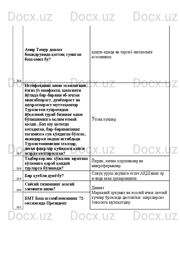 356 Амир Темур давлат 
бошқарувида қаттиқ суянган 
бош омил бу?  қонун-қоида ва тартиб-интизомга 
асосланиш 
357 Иттифоқнинг нима эканлигини, 
ёлғиз ўз манфаати, шахсияти 
йўлида бир-бирини еб-ичган 
мансабпараст, дунёпараст ва 
шуҳратпараст муттаҳамлар 
Туркистон тупроғидан 
йўқолмай туриб бизнинг одам 
бўлишимизга ақлим етмай 
қолди...Биз шу ҳолатда 
кетадиган, бир-биримизнинг 
тагимизга сув қўядиган бўлсак, 
яқиндирки подшо истибдоди 
Туркистонимизни эгаллар, 
деган фикрлар қуйидаги қайси 
асарда келтирилган?  Ўтган кунлар 
358 Тадбиркорлик хўжалик юритиш
кўламига қараб қандай 
турларга бўлинади?  Йирик, кичик корхоналар ва 
микрофирмалар 
359 Бир қутбли дунё бу?  Совуқ уруш якунига етгач АҚШнинг ер 
юзида якка ҳукмронлиги 
360 Сиёсий тизимнинг асосий 
элементи нима?  Давлат 
Марказий ҳукумат ва асосий ички сиёсий
кучлар ўртасида дастлабки  шартларсиз 
бевосита мулоқотдир 
361 БМТ Бош ассамблеясининг 72-
сессиясида Президент  