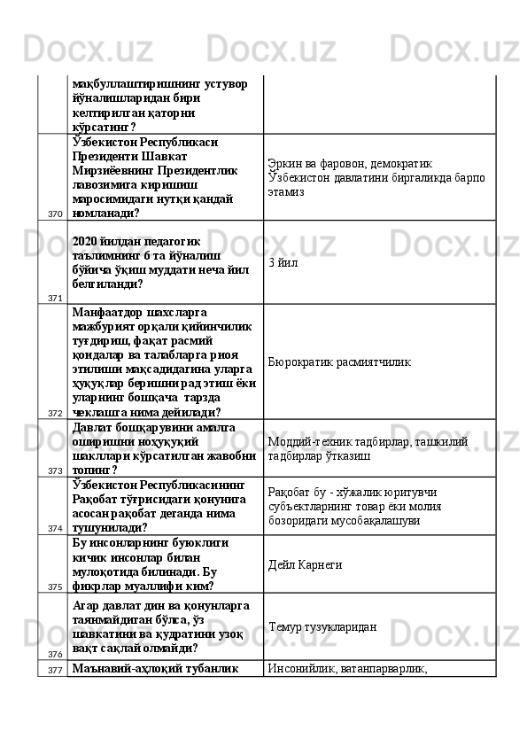 мақбуллаштиришнинг устувор 
йўналишларидан бири 
келтирилган қаторни 
кўрсатинг? 
370 Ўзбекистон Республикаси 
Президенти Шавкат 
Мирзиёевнинг Президентлик 
лавозимига киришиш 
маросимидаги нутқи қандай 
номланади?  Эркин ва фаровон, демократик 
Ўзбекистон давлатини биргаликда барпо 
этамиз 
371 2020 йилдан педагогик 
таълимнинг 6 та йўналиш 
бўйича ўқиш муддати неча йил 
белгиланди?  3 йил 
372 Манфаатдор шахсларга 
мажбурият орқали қийинчилик 
туғдириш, фақат расмий 
қоидалар ва талабларга риоя 
этилиши мақсадидагина уларга 
ҳуқуқлар беришни рад этиш ёки
уларнинг бошқача  тарзда 
чеклашга нима дейилади?  Бюрократик расмиятчилик 
373 Давлат бошқарувини амалга 
оширишни ноҳуқуқий 
шакллари кўрсатилган жавобни
топинг?  Моддий-техник тадбирлар, ташкилий 
тадбирлар ўтказиш 
374 Ўзбекистон Республикасининг 
Рақобат тўғрисидаги қонунига 
асосан рақобат деганда нима 
тушунилади?  Рақобат бу - хўжалик юритувчи 
субъектларнинг товар ёки молия 
бозоридаги мусобақалашуви 
375 Бу инсонларнинг буюклиги 
кичик инсонлар билан 
мулоқотида билинади. Бу 
фикрлар муаллифи ким?  Дейл Карнеги 
376 Агар давлат дин ва қонунларга 
таянмайдиган бўлса, ўз 
шавкатини ва қудратини узоқ 
вақт сақлай олмайди?  Темур тузукларидан 
377 Маънавий-аҳлоқий тубанлик  Инсонийлик, ватанпарварлик,  