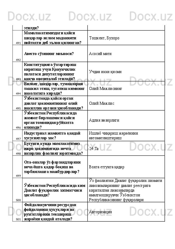 этилди? 
491 Мамалакатимиздаги қайси 
шаҳарлар ислом маданияти 
пойтахти деб эълон қилинган?  Тошкент, Бухоро 
492 Авесто сўзининг маъноси?  Асосий матн 
493 Конституцияга ўзгартириш 
киритиш учун Қонунчилик 
палатаси депутатларининг 
қанча овозиталаб этилади?  Учдан икки қисми 
494 Вилоят, шаҳарлар, туманларни 
ташкил этиш, тугатиш кимнинг 
ваколатига киради?  Олий Мажлиснинг 
495 Ўзбекистонда қайси орган 
давлат ҳокимиятининг олий 
вакиллик органи ҳисобланади?  Олий Мажлис 
496 Ўзбекистон Республикасида 
жамоат бирлашмаси қайси 
орган томонидан рўйхатга 
олинади?  Адлия вазирлиги 
497 Индустриал жамиятга қандай 
хусусиятлар хос?  Ишлаб чиқариш жараёнини 
автоматлаштириш 
498 Бугунги кунда мамлакатимиз 
ижро ҳокимиятида нечта 
вазирлик фаолият юритмоқда?  24 Та 
499 Ота-оналар ўз фарзандларини 
неча ёшга қадар боқиш ва 
тарбиялашга мажбурдирлар?  Вояга етгунга қадар 
500 Ўзбекистон Республикасида ким
Давлат фуқаролик хизматчиси 
ҳисобланади?  Ўз фаолиятни Давлат фуқаролик хизмати
лавозимларининг давлат реестрига 
киритилган лавозимларда 
амалгаоширувчи Ўзбекистон 
Республикасининг фуқаролари 
501 Фойдаланувчини ресурсдан 
фойдаланиш ҳуқуқлари ва 
рухсатларини текшириш 
жараёни қандай аталади?  Авторизация  