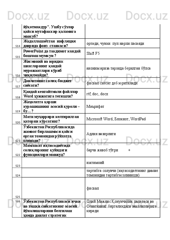 йўқотмакдур”. Ушбу сўзлар 
қайси мутафаккир қаламига 
мансуб? 
514 Жадаллашаётган  инфляция  
даврида фоиз  ставкаси?  ортади, чунки  пул нархи пасаяди 
515 PowerPoint да такдимот кандай 
бошлаш мумкун ?   Shift F5 
516 Жисмоний ва юридик 
шахсларнинг қандай 
мурожаатлари кўриб 
чиқилмайди?  аноним ариза тарзида берилган бўлса 
517 Давлатнинг солиқ-бюджет 
сиёсати?  фискал сиёсат деб юритилади 
518 Қандай кенгайтмали файллар 
Word ҳужжатига тегишли?  rtf, doc, docx 
519 Жаҳолатга қарши 
курашишнинг асосий қуроли – 
бу…?  Маърифат 
520 Матн муҳаррири келтирилган 
қаторни кўрсатинг?  MicrГoft Word, Блокнот, WordPad 
521 Ўзбекистон Республикасида 
жамоат бирлашмаси қайси 
орган томонидан рўйхатга 
олинади?  Адлия вазирлиги 
522 Мамлакат иқтисодиётида 
солиқларнинг қуйидаги 
функциялари мавжуд?  барча жавоб тўғри          + 
523   ижтимоий 
524   тартибга солувчи (иқтисодиётнинг давлат
томонидан тартибгасолиниши) 
525   фискал  
526
Ўзбекистон Республикаси ички 
ва ташқи сиёсатининг асосий 
йўналишларини белгилаш 
ҳамда давлат стратегик  Олий Мажлис Қонунчилик палатаси ва 
Сенатининг биргаликдаги ваколатларига 
киради  