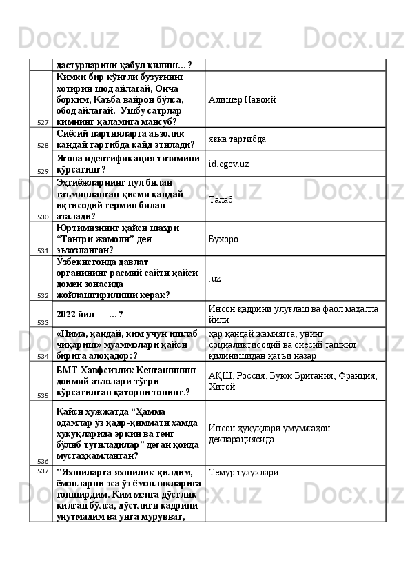 дастурларини қабул қилиш…? 
527 Кимки бир кўнгли бузуғнинг 
хотирин шод айлагай, Онча 
борким, Каъба вайрон бўлса, 
обод айлагай.  Ушбу сатрлар 
кимнинг қаламига мансуб?  Алишер Навоий 
528 Сиёсий партияларга аъзолик 
қандай тартибда қайд этилади?  якка тартибда 
529 Ягона идентификация тизимини
кўрсатинг?  id.egov.uz 
530 Эҳтиёжларнинг пул билан 
таъминланган қисми қандай 
иқтисодий термин билан 
аталади?  Талаб 
531 Юртимизнинг қайси шаҳри 
“Тангри жамоли” дея 
эъзозланган?  Бухоро 
532 Ўзбекистонда давлат 
органининг расмий сайти қайси 
домен зонасида 
жойлаштирилиши керак?  .uz 
533 2022 йил — …?  Инсон қадрини улуғлаш ва фаол маҳалла 
йили 
534 «Нима, қандай, ким учун ишлаб 
чиқариш» муаммолари қайси 
бирига алоқадор:?  ҳар қандай жамиятга, унинг 
социалиқтисодий ва сиёсий ташкил 
қилинишидан қатъи назар 
535 БМТ Хавфсизлик Кенгашининг 
доимий аъзолари тўғри 
кўрсатилган қаторни топинг.?  АҚШ, Россия, Буюк Британия, Франция, 
Хитой 
536 Қайси ҳужжатда “Ҳамма 
одамлар ўз қадр-қиммати ҳамда 
ҳуқуқларида эркин ва тенг 
бўлиб туғиладилар” деган қоида 
мустаҳкамланган?  Инсон ҳуқуқлари умумжаҳон 
декларациясида 
537
"Яхшиларга яхшилик қилдим, 
ёмонларни эса ўз ёмонликларига
топширдим. Ким менга дўстлик 
қилган бўлса, дўстлиги қадрини 
унутмадим ва унга мурувват,  Темур тузуклари  