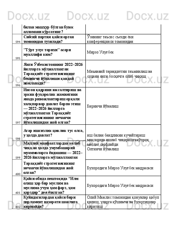 билан машҳур бўлган буюк 
алломани кўрсатинг? 
594 Сиёсий партия қайси орган 
томонидан тузилади?  Ўзининг таъсис съезди ёки 
конференцияси томонидан 
595 "Тўрт улус тарихи" асари 
муаллифи ким?  Мирзо Улуғбек 
596 Янги Ўзбекистоннинг 2022–2026 
йилларга мўлжалланган 
Тараққиёт стратегиясининг 
бешинчи йўналиши қандай 
номланади?  Маънавий тараққиётни таъминлаш ва 
соҳани янги босқичга олиб чиқиш 
597 Инсон қадрини юксалтириш ва 
эркин фуқаролик жамиятини 
янада ривожлантириш орқали 
халқпарвар давлат барпо этиш 
— 2022–2026 йилларга 
мўлжалланган Тараққиёт 
стратегиясининг нечанчи 
йўналишидан жой олган?  Биринчи йўналиш 
598 Агар ишсизлик циклик тус олса,
у ҳолда давлат? 
иш билан бандликни кучайтириш 
мақсадида ишлаб чиқаришгакўпроқ 
маблағ сарфлайди 
Олтинчи йўналиш 
599 Миллий манфаатлардан келиб 
чиққан ҳолда умумбашарий 
муаммоларга ёндашиш — 2022–
2026 йилларга мўлжалланган 
600 Тараққиёт стратегиясининг 
нечанчи йўналишидан жой 
олган?  Бухородаги Мирзо Улуғбек мадрасаси 
601 Қайси обида пештоқида “Илм 
олиш ҳар бир муслим ва 
муслима учун ҳам фарз, ҳам 
қарздир” дея ёзилган?  Бухородаги Мирзо Улуғбек мадрасаси 
602 Қуйидагилардан қайси бири 
парламент назорати шаклига 
кирмайди?  Олий Мажлис томонидан қонунлар қабул
қилиш, уларга қўшимча ва ўзгартишлар 
киритиш  