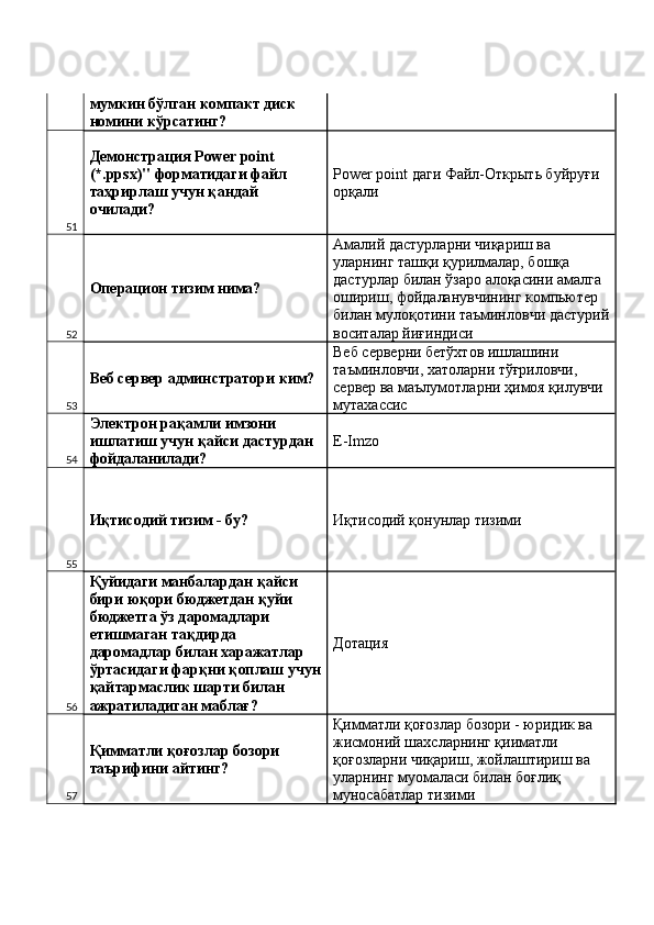мумкин бўлган компакт диск 
номини кўрсатинг? 
51 Демонстрация Power point 
(*.ppsx)" форматидаги файл 
таҳрирлаш учун қандай 
очилади?  Power point даги Файл-Открыть буйруғи 
орқали 
52 Операцион тизим нима?  Амалий дастурларни чиқариш ва 
уларнинг ташқи қурилмалар, бошқа 
дастурлар билан ўзаро алоқасини амалга 
ошириш, фойдаланувчининг компьютер 
билан мулоқотини таъминловчи дастурий
воситалар йиғиндиси 
53 Веб сервер админстратори ким?  Веб серверни бетўхтов ишлашини 
таъминловчи, хатоларни тўғриловчи, 
сервер ва маълумотларни ҳимоя қилувчи 
мутахассис 
54 Электрон рақамли имзони 
ишлатиш учун қайси дастурдан 
фойдаланилади?  E-Imzo 
55 Иқтисодий тизим - бу?  Иқтисодий қонунлар тизими 
56 Қуйидаги манбалардан қайси 
бири юқори бюджетдан қуйи 
бюджетга ўз даромадлари 
етишмаган тақдирда 
даромадлар билан харажатлар 
ўртасидаги фарқни қоплаш учун
қайтармаслик шарти билан 
ажратиладиган маблағ?  Дотация 
57 Қимматли қоғозлар бозори 
таърифини айтинг?  Қимматли қоғозлар бозори - юридик ва 
жисмоний шахсларнинг қииматли 
қоғозларни чиқариш, жойлаштириш ва 
уларнинг муомаласи билан боғлиқ 
муносабатлар тизими  