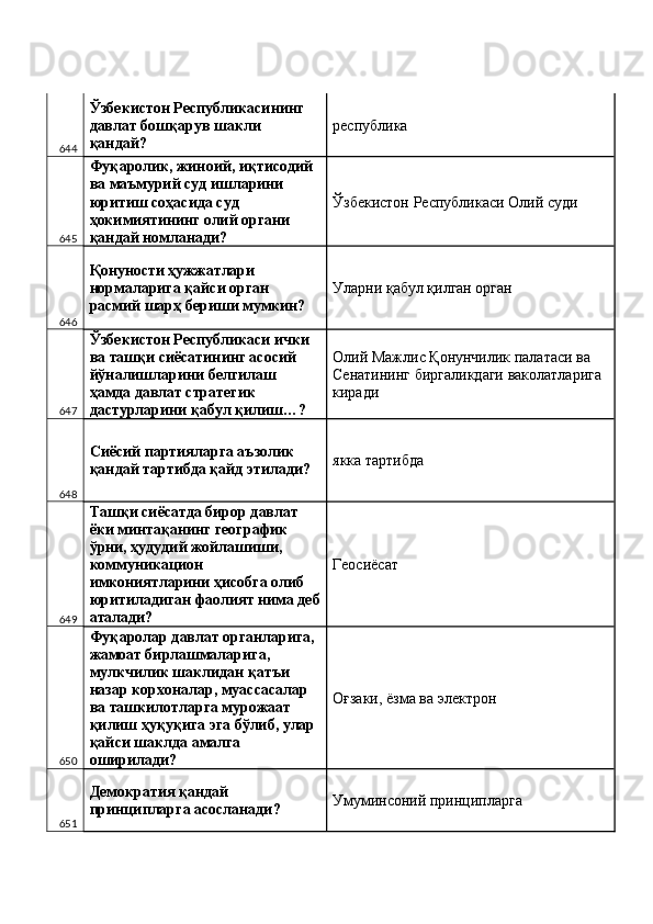 644 Ўзбекистон Республикасининг 
давлат бошқарув шакли 
қандай?  республика 
645 Фуқаролик, жиноий, иқтисодий 
ва маъмурий суд ишларини 
юритиш соҳасида суд 
ҳокимиятининг олий органи 
қандай номланади?  Ўзбекистон Республикаси Олий суди 
646 Қонуности ҳужжатлари 
нормаларига қайси орган 
расмий шарҳ бериши мумкин?  Уларни қабул қилган орган 
647 Ўзбекистон Республикаси ички 
ва ташқи сиёсатининг асосий 
йўналишларини белгилаш 
ҳамда давлат стратегик 
дастурларини қабул қилиш…?  Олий Мажлис Қонунчилик палатаси ва 
Сенатининг биргаликдаги ваколатларига 
киради 
648 Сиёсий партияларга аъзолик 
қандай тартибда қайд этилади?  якка тартибда 
649 Ташқи сиёсатда бирор давлат 
ёки минтақанинг географик 
ўрни, ҳудудий жойлашиши, 
коммуникацион 
имкониятларини ҳисобга олиб 
юритиладиган фаолият нима деб
аталади?  Геосиёсат 
650 Фуқаролар давлат органларига, 
жамоат бирлашмаларига, 
мулкчилик шаклидан қатъи 
назар корхоналар, муассасалар 
ва ташкилотларга мурожаат 
қилиш ҳуқуқига эга бўлиб, улар 
қайси шаклда амалга 
оширилади?  Оғзаки, ёзма ва электрон 
651 Демократия қандай 
принципларга асосланади?  Умуминсоний принципларга  