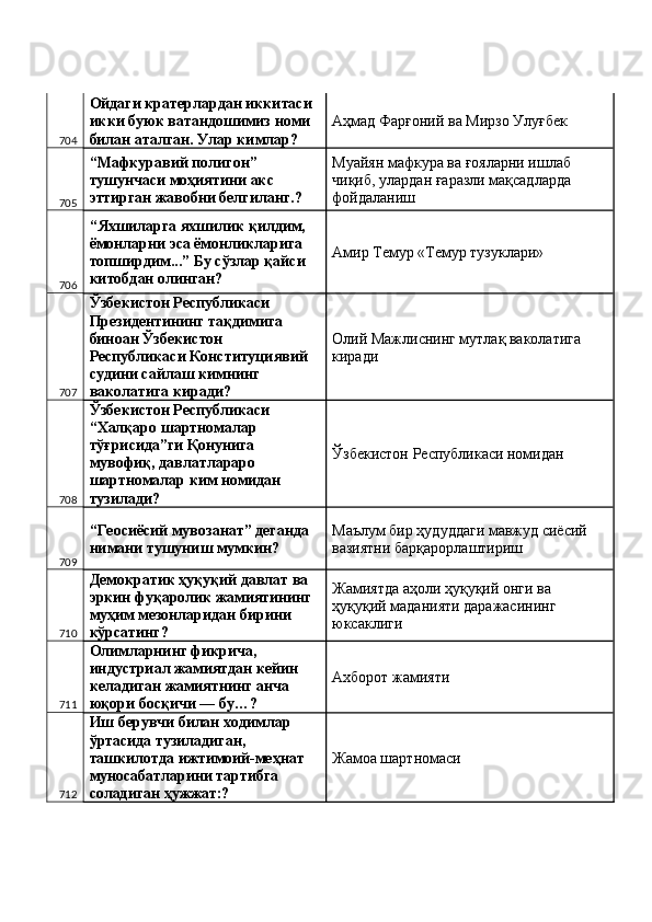 704 Ойдаги кратерлардан иккитаси 
икки буюк ватандошимиз номи 
билан аталган. Улар кимлар?  Аҳмад Фарғоний ва Мирзо Улуғбек 
705 “Мафкуравий полигон” 
тушунчаси моҳиятини акс 
эттирган жавобни белгиланг.?  Муайян мафкура ва ғояларни ишлаб 
чиқиб, улардан ғаразли мақсадларда 
фойдаланиш 
706 “Яхшиларга яхшилик қилдим, 
ёмонларни эса ёмонликларига 
топширдим...” Бу сўзлар қайси 
китобдан олинган?  Амир Темур «Темур тузуклари» 
707 Ўзбекистон Республикаси 
Президентининг тақдимига 
биноан Ўзбекистон 
Республикаси Конституциявий 
судини сайлаш кимнинг 
ваколатига киради?  Олий Мажлиснинг мутлақ ваколатига 
киради 
708 Ўзбекистон Республикаси 
“Халқаро шартномалар 
тўғрисида”ги Қонунига 
мувофиқ, давлатлараро 
шартномалар ким номидан 
тузилади?  Ўзбекистон Республикаси номидан 
709 “Геосиёсий мувозанат” деганда 
нимани тушуниш мумкин?  Маълум бир ҳудуддаги мавжуд сиёсий 
вазиятни барқарорлаштириш 
710 Демократик ҳуқуқий давлат ва 
эркин фуқаролик жамиятининг 
муҳим мезонларидан бирини 
кўрсатинг?  Жамиятда аҳоли ҳуқуқий онги ва 
ҳуқуқий маданияти даражасининг 
юксаклиги 
711 Олимларнинг фикрича, 
индустриал жамиятдан кейин 
келадиган жамиятнинг анча 
юқори босқичи — бу…?  Aхборот жамияти 
712 Иш берувчи билан ходимлар 
ўртасида тузиладиган, 
ташкилотда ижтимоий-меҳнат 
муносабатларини тартибга 
соладиган ҳужжат:?  Жамоа шартномаси  
