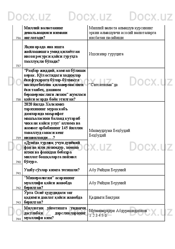 736 Миллий валютанинг 
девальвацияси нимани 
англатади?  Миллий валюта алмашув курсининг 
эркин алмашувчи асосий валюталарга 
нисбатан пасайиши 
737 Яқин орада яна ишга 
жойлашишга умид қилаётган 
инсон ресурси қайси гуруҳга 
тааллуқли бўлади?  Ишсизлар гуруҳига 
738 “Раҳбар жиддий, камгап бўлиши
керак. Қўл остидаги ходимлар 
ёки фуқарога бўлар-бўлмасга 
насиҳатбозлик қилавермаслиги 
ёки танбеҳ, дашном 
беравермаслиги лозим” жумласи
қайси асарда баён этилган?  “Сиёсатнома”да 
739 2020 йилда Халкимиз 
тарихининг мураккабъ 
дамларида маърифат 
машъаласини баланд кутариб 
чиккан кайси улуг' аллома ва 
жамоат арбобининг 145 йиллик 
таваллуд санаси кенг 
нишонланди….?  Махмудхужа Беҳбудий 
Беҳбудий 
740 «Дунёда турмоқ учун дунёвий 
фан ва илм лозимдур, замона 
илми ва фанидан бебаҳра 
миллат бошқаларга поймол 
бўлур». 
741 Ушбу сўзлар кимга тегишли?  Aбу Райҳон Беруний 
742 "Минерология" асарининг 
муаллифи қайси жавобда 
берилган?  Aбу Райҳон Беруний 
743 Ўрта Осиё ҳудудидаги энг 
қадимги давлат қайси жавобда 
берилган?  Қадимги Бақтрия 
744 Миллатни   уйғотишга   ундовчи
дастлабки   дарсликларнинг
муаллифи ким?  Мунавварқори Абдурашидхонов 
1.2.3.4.5.6.  