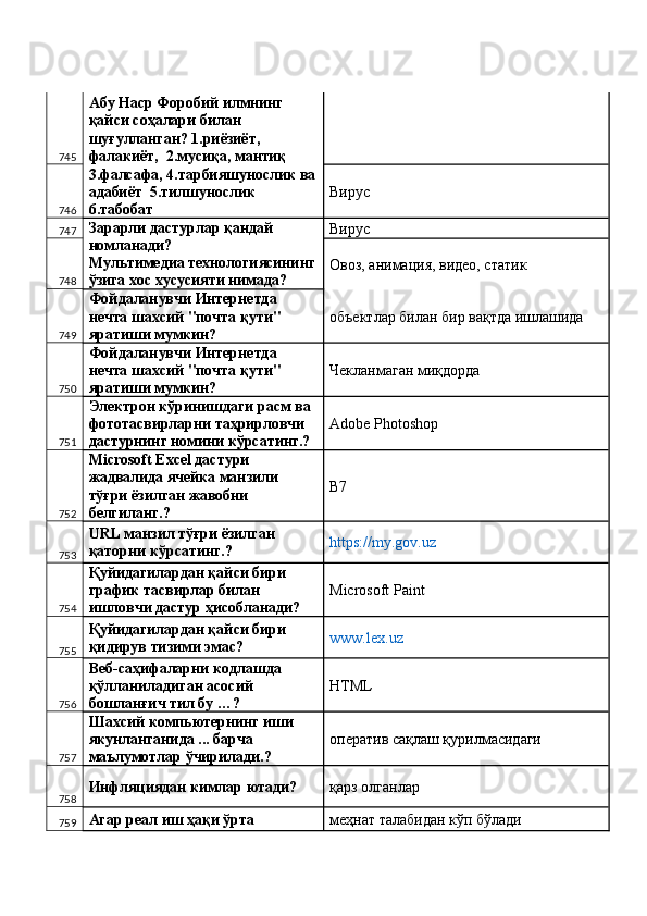 745 Абу Наср Форобий илмнинг 
қайси соҳалари билан 
шуғулланган? 1.риёзиёт, 
фалакиёт,  2.мусиқа, мантиқ 
746 3.фалсафа, 4.тарбияшунослик ва
адабиёт  5.тилшунослик  
6.табобат  Вирус 
747 Зарарли дастурлар қандай 
номланади? 
Мультимедиа технологиясининг
ўзига хос хусусияти нимада?  Вирус 
748 Овоз, анимация, видео, статик 
749 Фойдаланувчи Интернетда 
нечта шахсий "почта қути" 
яратиши мумкин?  объектлар билан бир вақтда ишлашида 
750 Фойдаланувчи Интернетда 
нечта шахсий "почта қути" 
яратиши мумкин?  Чекланмаган миқдорда 
751 Электрон кўринишдаги расм ва 
фототасвирларни таҳрирловчи 
дастурнинг номини кўрсатинг.?  Adиe PhotГhop 
752 Microsoft Exсel дастури 
жадвалида ячейка манзили 
тўғри ёзилган жавобни 
белгиланг.?  B7 
753 URL манзил тўғри ёзилган 
қаторни кўрсатинг.?  https://my.gov.uz  
754 Қуйидагилардан қайси бири 
график тасвирлар билан 
ишловчи дастур ҳисобланади?  MicrГoft Paint 
755 Қуйидагилардан қайси бири 
қидирув тизими эмас?  www.lex.uz  
756 Веб-саҳифаларни кодлашда 
қўлланиладиган асосий 
бошланғич тил бу …?  HTML 
757 Шахсий компьютернинг иши 
якунланганида ... барча 
маълумотлар ўчирилади.?  оператив сақлаш қурилмасидаги 
758 Инфляциядан кимлар ютади?  қарз олганлар 
759 Агар реал иш ҳақи ўрта  меҳнат талабидан кўп бўлади  