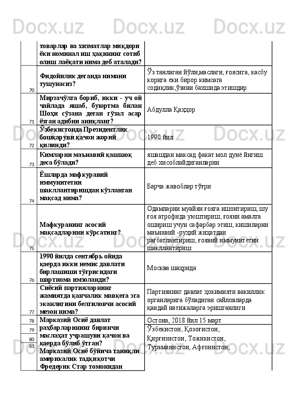 товарлар ва хизматлар миқдори 
ёки номинал иш ҳақининг сотиб
олиш лаёқати нима деб аталади?
70 Фидойилик деганда нимани 
тушунасиз?  Ўз танлаган йўли,маслаги, ғоясига, касбу 
корига ёки бирор кимсага 
содиқлик,ўзини бахшида этишдир 
71 Мирзачўлга   бориб,   икки   -   уч   ой
чайлада   яшаб,   буюртма   билан
Шоҳи   сўзана   деган   гўзал   асар
ёзган адибни аниқланг?  Абдулла Қаҳҳор 
72 Ўзбекистонда Президентлик 
бошқаруви қачон жорий 
қилинди?  1990 йил 
73 Кимларни маънавий қашшоқ 
деса бўлади?  яшашдан максад факат мол дунё йигиш 
деб хисоблайдиганларни 
74 Ёшларда мафкуравий 
иммунитетни 
шакллантиришдан кўзланган 
мақсад нима?  Барча жавоблар тўғри 
75 Мафкуранинг асосий 
мақсадларини кўрсатинг?  Одамларни муайян ғояга ишонтириш, шу
ғоя атрофида уюштириш, ғояни амалга 
ошириш учун сафарбар этиш, кишиларни
маънавий -руҳий жиҳатдан 
рағбатлантириш, ғоявий иммунитетни 
шакллантириш 
76 1990 йилда сентябрь ойида 
қаерда икки немис давлати 
бирлашиши тўғрисидаги 
шартнома имзоланди?  Москва шаҳрида 
77 Сиёсий партияларнинг 
жамиятда қанчалик мавқега эга 
эканлигини белгиловчи асосий 
мезон нима?  Партиянинг давлат ҳокимияти вакиллик 
органларига бўладиган сайловларда 
қандай натижаларга эришганлиги 
78 Марказий Осиё давлат 
раҳбарларининг биринчи 
маслаҳат учрашуви қачон ва 
қаерда бўлиб ўтган? 
Марказий Осиё бўйича таниқли 
америкалик тадқиқотчи 
Фредерик Стар томонидан  Остона, 2018 йил 15 март 
79 Ўзбекистон, Қозоғистон, 
80 Қирғизистон, Тожикистон, 
81
Туркманистон, Афғонистон,  