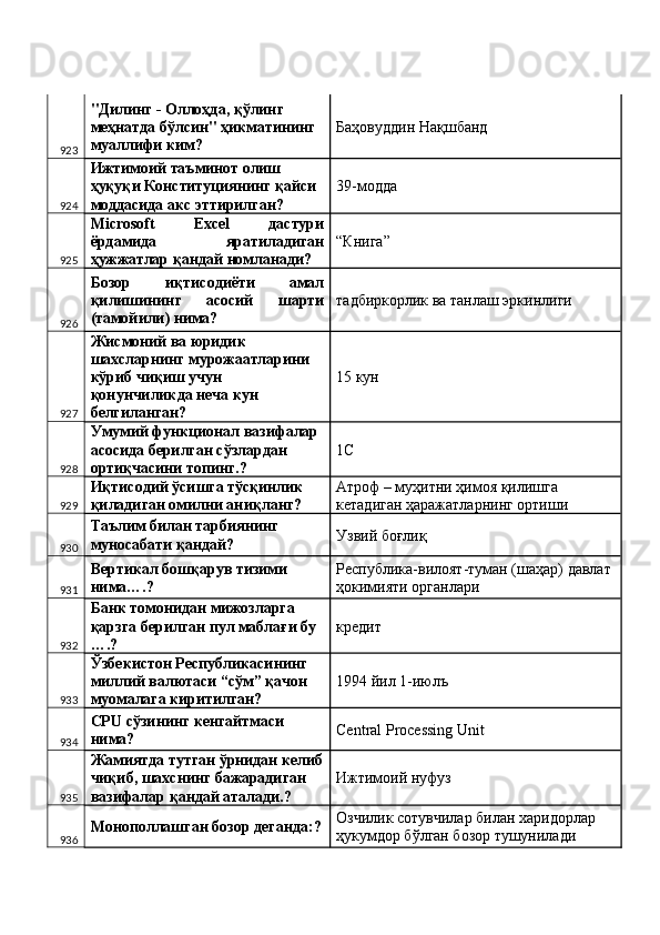 923 "Дилинг - Оллоҳда, қўлинг 
меҳнатда бўлсин" ҳикматининг 
муаллифи ким?  Баҳовуддин Нақшбанд 
924 Ижтимоий таъминот олиш 
ҳуқуқи Конституциянинг қайси 
моддасида акс эттирилган?  39-модда 
925 Microsoft   Excel   дастури
ёрдамида   яратиладиган
ҳужжатлар қандай номланади?  “Книга” 
926 Бозор   иқтисодиёти   амал
қилишининг   асосий   шарти
(тамойили) нима?  тадбиркорлик ва танлаш эркинлиги 
927 Жисмоний ва юридик 
шахсларнинг мурожаатларини 
кўриб чиқиш учун 
қонунчиликда неча кун 
белгиланган?  15 кун 
928 Умумий функционал вазифалар 
асосида берилган сўзлардан 
ортиқчасини топинг.?  1C 
929 Иқтисодий ўсишга тўсқинлик 
қиладиган омилни аниқланг?  Атроф – муҳитни ҳимоя қилишга 
кетадиган ҳаражатларнинг ортиши 
930 Таълим билан тарбиянинг 
муносабати қандай?  Узвий боғлиқ 
931 Вертикал бошқарув тизими 
нима….?  Республика-вилоят-туман (шаҳар) давлат 
ҳокимияти органлари 
932 Банк томонидан мижозларга 
қарзга берилган пул маблағи бу 
….?  кредит 
933 Ўзбекистон Республикасининг 
миллий валютаси “сўм” қачон 
муомалага киритилган?  1994 йил 1-июлъ 
934 CPU сўзининг кенгайтмаси 
нима?  Central Processing Unit 
935 Жамиятда тутган ўрнидан келиб
чиқиб, шахснинг бажарадиган 
вазифалар қандай аталади.?  Ижтимоий нуфуз 
936 Монополлашган бозор деганда:? Озчилик сотувчилар билан харидорлар 
ҳукумдор бўлган бозор тушунилади   