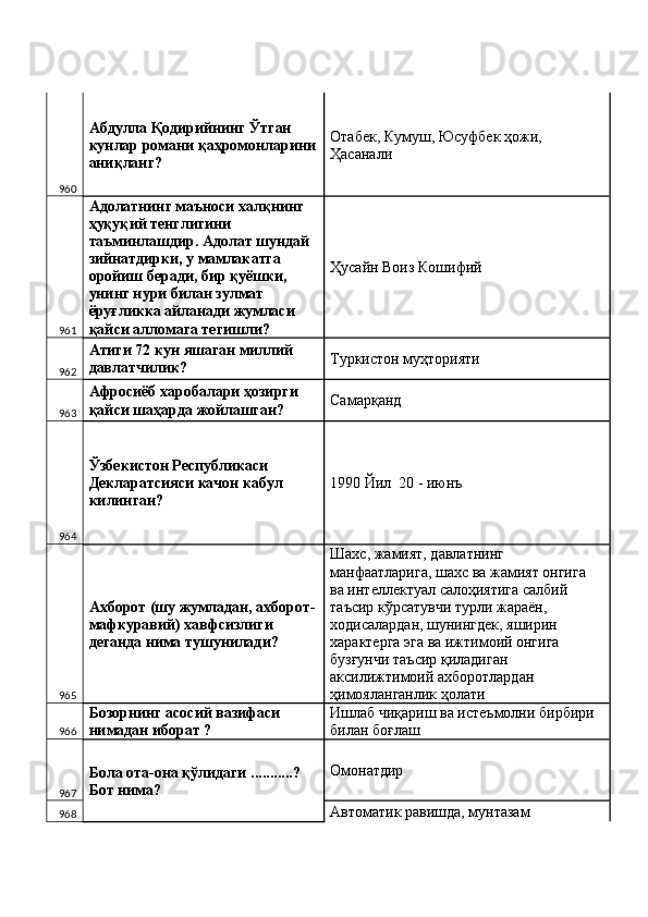 960 Абдулла Қодирийнинг Ўтган 
кунлар романи қаҳромонларини
аниқланг?  Отабек, Кумуш, Юсуфбек ҳожи, 
Ҳасанали 
961 Адолатнинг маъноси халқнинг 
ҳуқуқий тенглигини 
таъминлашдир. Адолат шундай 
зийнатдирки, у мамлакатга 
оройиш беради, бир қуёшки, 
унинг нури билан зулмат 
ёруғликка айланади жумласи 
қайси алломага тегишли?  Ҳусайн Воиз Кошифий 
962 Атиги 72 кун яшаган миллий 
давлатчилик?  Туркистон муҳторияти 
963 Афросиёб харобалари ҳозирги 
қайси шаҳарда жойлашган?  Самарқанд 
964 Ўзбекистон Республикаси 
Декларатсияси качон кабул 
килинган?  1990 Йил  20 - июнъ 
965 Ахборот (шу жумладан, ахборот-
мафкуравий) хавфсизлиги 
деганда нима тушунилади?  Шахс, жамият, давлатнинг 
манфаатларига, шахс ва жамият онгига  
ва интеллектуал салоҳиятига салбий 
таъсир кўрсатувчи турли жараён, 
ходисалардан, шунингдек, яширин 
характерга эга ва ижтимоий онгига 
бузғунчи таъсир қиладиган 
аксилижтимоий ахборотлардан 
ҳимояланганлик ҳолати 
966 Бозорнинг асосий вазифаси 
нимадан иборат ?  Ишлаб чиқариш ва истеъмолни бирбири 
билан боғлаш 
967 Бола ота-она қўлидаги ...........? 
Бот нима?  Омонатдир 
968 Автоматик равишда, мунтазам  