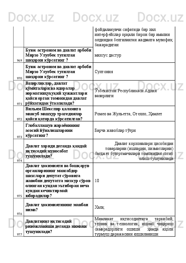 фойдаланувчи сифатида бир хил 
интерфейслар орқали бирон бир амални 
олдиндан белгиланган жадвалга мувофиқ
бажарадиган 
969 Буюк астроном ва давлат арбоби
Мирзо Улуғбек туғилган 
шаҳарни кўрсатинг ?  махсус дастур 
970 Буюк астроном ва давлат арбоби
Мирзо Улуғбек туғилган 
шаҳарни кўрсатинг ?  Султония 
971 Вазирликлар, давлат 
қўмиталари ва идоралар 
нормативҳуқуқий ҳужжатлари 
қайси орган томонидан давлат 
рўйхатидан ўтказилади?  Ўзбекистон Республикаси Адлия 
вазирлиги 
972 Вильям Шекспир қаламига 
мансуб машҳур трагедиялар 
қайси қаторда кўрсатилган?  Ромео ва Жульетта, Отелло, Ҳамлет 
973 Глобаллашув жараёнининг 
асосий йўналишларини 
кўрсатинг?  Барча жавоблар тўғри 
974 Давлат хариди деганда қандай 
иқтисодий муносабат 
тушунилади?  Давлат корхоналари ҳисобидан
товарларни (ишларни, хизматларни)
бюджет буюртмачилари томонидан сотиб
олиш тушунилади 
975 Давлат ҳокимияти ва бошқарув 
органларининг мансабдор 
шахслари депутат сўровига 
жавобни депутатга мазкур сўров
олинган кундан эътиборан неча 
кундан кечиктирмай 
юборадилар?  10
976 Давлат ҳокимиятининг манбаи 
нима?  Халқ 
977 Давлатнинг иқтисодий 
ривожланиши деганда нимани 
тушунилади?  Мамлакат   иқтисодиётига   таркибий,
техник   ва   технологик,   ишлаб   чиқариш
самарадорлиги   ошиши     ҳамда   аҳоли
турмуш даражасини яхшиланиши  