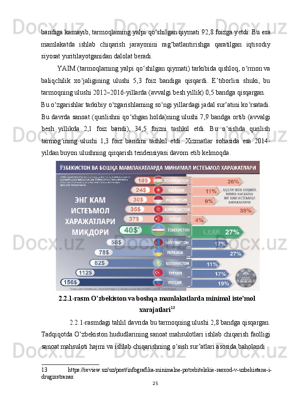 bandiga kamayib, tarmoqlarning yalpi qo shilgan qiymati 92,8 foizga yʻ е tdi. Bu esa
mamlakatda   ishlab   chiqarish   jarayonini   rag batlantirishga   qaratilgan   iqtisodiy	
ʻ
siyosat yuritilayotganidan dalolat beradi. 
YAIM (tarmoqlarning yalpi qo shilgan qiymati) tarkibida qishloq, o rmon va	
ʻ ʻ
baliqchilik   xo jaligining   ulushi   5,3   foiz   bandiga   qisqardi.   E tiborlisi   shuki,   bu	
ʻ ʼ
tarmoqning ulushi 2012–2016-yillarda (avvalgi besh yillik) 0,5 bandga qisqargan. 
Bu o zgarishlar tarkibiy o zgarishlarning so ngi yillardagi jadal sur’atini ko rsatadi.	
ʻ ʻ ʻ ʻ
Bu davrda sanoat (qurilishni qo shgan holda)ning ulushi 7,9 bandga ortib (avvalgi	
ʻ
besh   yillikda   2,1   foiz   bandi),   34,5   foizni   tashkil   etdi.   Bu   o sishda   qurilish	
ʻ
tarmog ining   ulushi   1,3   foiz   bandini   tashkil   etdi.   Xizmatlar   sohasida   esa   2014-	
ʻ
yildan buyon ulushning qisqarish tendensiyasi davom etib kelmoqda. 
2.2.1-rasm O’zbekiston va boshqa mamlakatlarda minimal iste’mol
xarajatlari 13
 
2.2.1-rasmdagi tahlil davrida bu tarmoqning ulushi 2,8 bandga qisqargan. 
Tadqiqotda O zbekiston hududlarining sanoat mahsulotlari ishlab chiqarish faolligi	
ʻ
sanoat mahsuloti hajmi va ishlab chiqarishning o sish sur atlari asosida baholandi 	
ʻ ʼ
13   https://review.uz/uz/post/infografika-minimalne-potrebitelskie-rasxod-v-uzbekistane-i-
drugixstranax 
  25