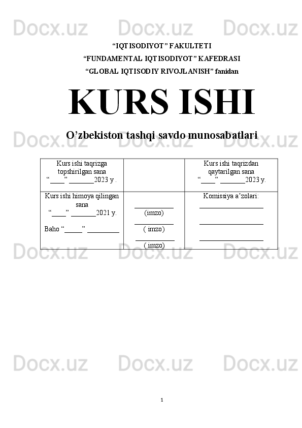 “IQTISODIYOT” FАKULTETI
“FUNDАMENTАL IQTISODIYOT” KАFEDRАSI
“GLOBАL IQTISODIY RIVOJLАNISH” fanidan
KURS ISHI
O’zbekiston tashqi savdo munosabatlari
1Kurs ishi taqrizga
topshirilgan sana
“____” _______2023 y . Kurs ishi taqrizdan
qaytarilgan sana
 “____” _______2023 y.
Kurs ishi himoya qilingan
sana
 “____” _______2021 y.
Baho “_____” _________ ___________
( imzo )
___________
(  imzo )
 ___________
          (  imzo ) Komissiya a zolari:ʼ
__________________
__________________
__________________ 