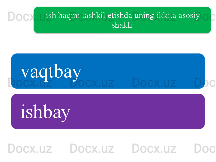 ish   haqini   tashkil   etishda   uning   ikkita   asosiy  
shakli  
vaqtbay  
ishbay