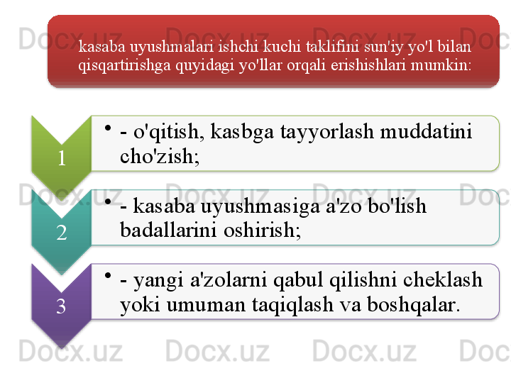 kasaba   uyushmalari   ishchi   kuchi   taklifini   sun ' iy   yo'l   bilan  
qisqartirishga   quyidagi   yo'llar   orqali   erishishlari   mumkin :
1 •
-  o'qitish ,  kasbga   tayyorlash   muddatini  
cho'zish ;
2 •
-  kasaba   uyushmasiga   a ' zo   bo'lish  
badallarini   oshirish ;
3 •
-  yangi   a ' zolarni   qabul   qilishni   cheklash  
yoki   umuman   taqiqlash   va   boshqalar .