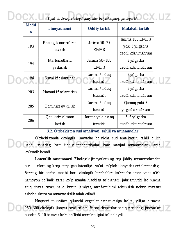 3-jadval. Asosiy ekologik jinoyatlar bo‘yicha jinoiy javobgarlik
Modd
a Jinoyat nomi Oddiy tarkib Malakali tarkib
193 Ekologik normalarni
buzish Jarima 50–75
EMHS Jarima 100 EMHS
yoki 3 yilgacha
ozodlikdan mahrum
194 Ma’lumotlarni
yashirish Jarima 50–100
EMHS 2 yilgacha
ozodlikdan mahrum
196 Suvni ifloslantirish Jarima / axloq
tuzatish 3 yilgacha
ozodlikdan mahrum
203 Havoni ifloslantirish Jarima / axloq
tuzatish 3 yilgacha
ozodlikdan mahrum
205 Qonunsiz ov qilish Jarima / axloq
tuzatish Qamoq yoki 3
yilgacha mahrum
206 Qonunsiz o‘rmon
kesish Jarima yoki axloq
tuzatish 3–5 yilgacha
ozodlikdan mahrum
3.2. O‘zbekiston sud amaliyoti: tahlil va muammolar
O‘zbekistonda   ekologik   jinoyatlar   bo‘yicha   sud   amaliyotini   tahlil   qilish
ushbu   sohadagi   ham   ijobiy   tendentsiyalar,   ham   mavjud   muammolarni   aniq
ko‘rsatib beradi.
Latentlik   muammosi.   Ekologik   jinoyatlarning   eng   jiddiy   muammolaridan
biri  — ularning keng tarqalgan latentligi, ya’ni  ko‘plab jinoyatlar aniqlanmasligi.
Buning   bir   necha   sababi   bor:   ekologik   buzilishlar   ko‘pincha   uzoq   vaqt   o‘tib
namoyon   bo‘ladi;   zarar   ko‘p   manba   hisobiga   to‘planadi;   jabrlanuvchi   ko‘pincha
aniq   shaxs   emas,   balki   butun   jamiyat;   atrof-muhitni   tekshirish   uchun   maxsus
asbob-uskuna va mutaxassislik talab etiladi.
Huquqni   muhofaza   qiluvchi   organlar   statistikasiga   ko‘ra,   yiliga   o‘rtacha
280–300 ekologik jinoyat qayd etiladi. Biroq ekspertlar haqiqiy sondagi jinoyatlar
bundan 5–10 baravar ko‘p bo‘lishi mumkinligini ta’kidlaydi.
23 