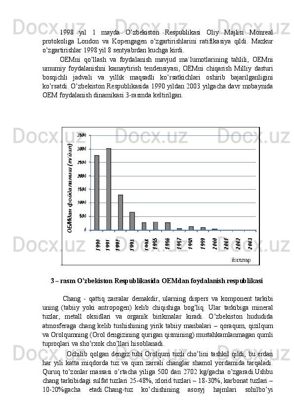 1998   yil   1   mayda   O’zbekiston   Respublikasi   Oliy   Majlisi   Monreal
protokoliga   London   va   Kopengagen   o’zgartirishlarini   ratifikasiya   qildi.   Mazkur
o’zgartirishlar 1998 yil 8 sentyabrdan kuchga kirdi. 
OEMni   qo’llash   va   foydalanish   mavjud   ma`lumotlarining   tahlili,   OEMni
umumiy   foydalanishni   kamaytirish   tendensiyasi,   OEMni   chiqarish   Milliy   dasturi
bosqichli   jadvali   va   yillik   maqsadli   ko’rsatkichlari   oshirib   bajarilganligini
ko’rsatdi. O’zbekiston Respublikasida 1990 yildan 2003 yilgacha davr mobaynida
OEM foydalanish dinamikasi 3-rasmda keltirilgan. 
 
 
 
 
3 – rasm O’zbekiston Respublikasida OEMdan foydalanish respublikasi 
 
  Chang   -   qattiq   zarralar   demakdir,   ularning   dispers   va   komponent   tarkibi
uning   (tabiiy   yoki   antropogen)   kelib   chiqishiga   bog’liq.   Ular   tarkibiga   mineral
tuzlar,   metall   oksidlari   va   organik   birikmalar   kiradi.   O’zbekiston   hududida
atmosferaga chang  kelib  tushishining  yirik  tabiiy manbalari   – qoraqum, qizilqum
va Orolqumning (Orol dengizining qurigan qismining) mustahkamlanmagan qumli
tuproqlari va sho’rxok cho’llari hisoblanadi. 
     Ochilib qolgan dengiz tubi Orolqum  tuzli  cho’lini tashkil  qildi, bu erdan
har   yili   katta   miqdorda   tuz   va   qum   zarrali   changlar   shamol   yordamida   tarqaladi.
Quruq   to’zonlar   massasi   o’rtacha   yiliga   500   dan   2702   kg/gacha   o’zgaradi.Ushbu
chang tarkibidagi sulfat tuzlari 25-48%, xlorid tuzlari – 18-30%, karbonat tuzlari –
10-20%gacha   etadi.Chang-tuz   ko’chishining   asosyj   hajmlari   sohilbo’yi 