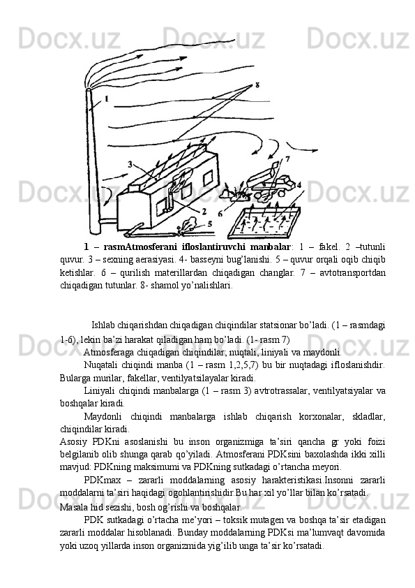  
1   –   rasmAtmosferani   ifloslantiruvchi   manbalar :   1   –   fakel.   2   –tutunli
quvur. 3 – sexning aerasiyasi. 4- basseyni bug’lanishi. 5 – quvur orqali oqib chiqib
ketishlar.   6   –   qurilish   materillardan   chiqadigan   changlar.   7   –   avtotransportdan
chiqadigan tutunlar. 8- shamol yo’nalishlari. 
 
 
Ishlab chiqarishdan chiqadigan chiqindilar statsionar bo’ladi. (1 – rasmdagi 
1-6), lekin ba’zi harakat qiladigan ham bo’ladi. (1- rasm 7) 
Atmosferaga chiqadigan chiqindilar; nuqtali, liniyali va maydonli. 
Nuqatali  chiqindi   manba  (1  – rasm   1,2,5,7)   bu bir  nuqtadagi  ifloslanishdir.
Bularga murilar, fakellar, ventilyatsilayalar kiradi. 
Liniyali chiqindi manbalarga (1 – rasm 3) avtrotrassalar, ventilyatsiyalar va
boshqalar kiradi. 
Maydonli   chiqindi   manbalarga   ishlab   chiqarish   korxonalar,   skladlar,
chiqindilar kiradi. 
Asosiy   PDKni   asoslanishi   bu   inson   organizmiga   ta’siri   qancha   gr   yoki   foizi
belgilanib olib shunga qarab qo’yiladi. Atmosferani PDKsini baxolashda ikki xilli
mavjud: PDKning maksimumi va PDKning sutkadagi o’rtancha meyori. 
PDKmax   –   zararli   moddalarning   asosiy   harakteristikasi.Insonni   zararli
moddalarni ta’siri haqidagi ogohlantirishidir.Bu har xil yo’llar bilan ko’rsatadi. 
Masala hid sezishi, bosh og’rishi va boshqalar. 
PDK sutkadagi o’rtacha me’yori – toksik mutagen va boshqa ta’sir etadigan
zararli moddalar hisoblanadi. Bunday moddalarning PDKsi ma’lumvaqt davomida
yoki uzoq yillarda inson organizmida yig’ilib unga ta’sir ko’rsatadi.  