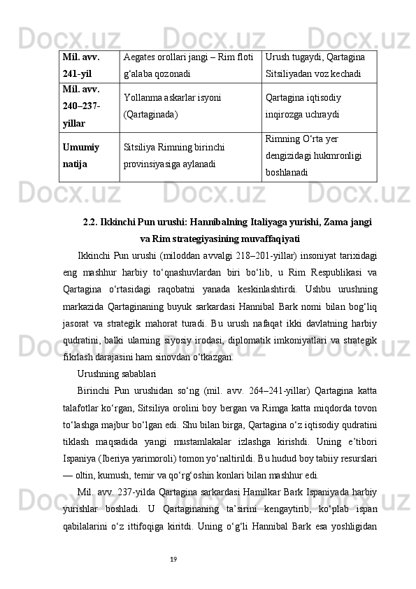 19Mil. avv. 
241-yil Aegates orollari jangi – Rim floti 
g‘alaba qozonadi Urush tugaydi, Qartagina 
Sitsiliyadan voz kechadi
Mil. avv. 
240–237-
yillar Yollanma askarlar isyoni 
(Qartaginada) Qartagina iqtisodiy 
inqirozga uchraydi
Umumiy 
natija Sitsiliya Rimning birinchi 
provinsiyasiga aylanadi Rimning O‘rta yer 
dengizidagi hukmronligi 
boshlanadi
2.2. Ikkinchi Pun urushi: Hannibalning Italiyaga yurishi, Zama jangi
va Rim strategiyasining muvaffaqiyati
Ikkinchi  Pun urushi  (miloddan avvalgi 218–201-yillar)  insoniyat  tarixidagi
eng   mashhur   harbiy   to‘qnashuvlardan   biri   bo‘lib,   u   Rim   Respublikasi   va
Qartagina   o‘rtasidagi   raqobatni   yanada   keskinlashtirdi.   Ushbu   urushning
markazida   Qartaginaning   buyuk   sarkardasi   Hannibal   Bark   nomi   bilan   bog‘liq
jasorat   va   strategik   mahorat   turadi.   Bu   urush   nafaqat   ikki   davlatning   harbiy
qudratini,   balki   ularning   siyosiy   irodasi,   diplomatik   imkoniyatlari   va   strategik
fikrlash darajasini ham sinovdan o‘tkazgan.
Urushning sabablari
Birinchi   Pun   urushidan   so‘ng   (mil.   avv.   264–241-yillar)   Qartagina   katta
talafotlar ko‘rgan, Sitsiliya orolini boy bergan va Rimga katta miqdorda tovon
to‘lashga majbur bo‘lgan edi. Shu bilan birga, Qartagina o‘z iqtisodiy qudratini
tiklash   maqsadida   yangi   mustamlakalar   izlashga   kirishdi.   Uning   e’tibori
Ispaniya (Iberiya yarimoroli) tomon yo‘naltirildi. Bu hudud boy tabiiy resurslari
— oltin, kumush, temir va qo‘rg‘oshin konlari bilan mashhur edi.
Mil. avv. 237-yilda Qartagina sarkardasi  Hamilkar  Bark Ispaniyada  harbiy
yurishlar   boshladi.   U   Qartaginaning   ta’sirini   kengaytirib,   ko‘plab   ispan
qabilalarini   o‘z   ittifoqiga   kiritdi.   Uning   o‘g‘li   Hannibal   Bark   esa   yoshligidan 