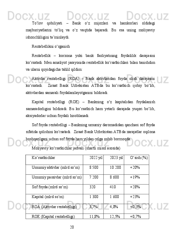 20To‘lov   qobiliyati   –   Bank   o‘z   mijozlari   va   hamkorlari   oldidagi
majburiyatlarini   to‘liq   va   o‘z   vaqtida   bajaradi.   Bu   esa   uning   moliyaviy
ishonchliligini ta’minlaydi.
Rentabellikni o‘rganish
Rentabellik   –   korxona   yoki   bank   faoliyatining   foydalilik   darajasini
ko‘rsatadi. Men amaliyot jarayonida rentabellik ko‘rsatkichlari bilan tanishdim
va ularni quyidagicha tahlil qildim:
Aktivlar   rentabelligi   (ROA)   –   Bank   aktivlaridan   foyda   olish   darajasini
ko‘rsatadi.     Ziraat   Bank   Uzbekistan   ATB da   bu   ko‘rsatkich   ijobiy   bo‘lib,
aktivlardan samarali foydalanilayotganini bildiradi.
Kapital   rentabelligi   (ROE)   –   Bankning   o‘z   kapitalidan   foydalanish
samaradorligini   bildiradi.   Bu   ko‘rsatkich   ham   yetarli   darajada   yuqori   bo‘lib,
aksiyadorlar uchun foydali hisoblanadi.
Sof foyda rentabelligi – Bankning umumiy daromadidan qanchasi sof foyda
sifatida qolishini ko‘rsatadi.    Ziraat Bank Uzbekistan ATB da xarajatlar oqilona
boshqarilgani uchun sof foyda ham yildan-yilga oshib bormoqda.
Moliyaviy ko‘rsatkichlar jadvali (shartli misol asosida)
Ko‘rsatkichlar 2022 yil 2023 yil O‘sish (%)
Umumiy aktivlar (mlrd so‘m) 8 500 10 200 +20%
Umumiy passivlar (mlrd so‘m) 7 200 8 600 +19%
Sof foyda (mlrd so‘m) 320 410 +28%
Kapital (mlrd so‘m) 1 300 1 600 +23%
ROA (Aktivlar rentabelligi) 3,7% 4,0% +0,3%
ROE (Kapital rentabelligi) 11,8% 12,5% +0,7% 
