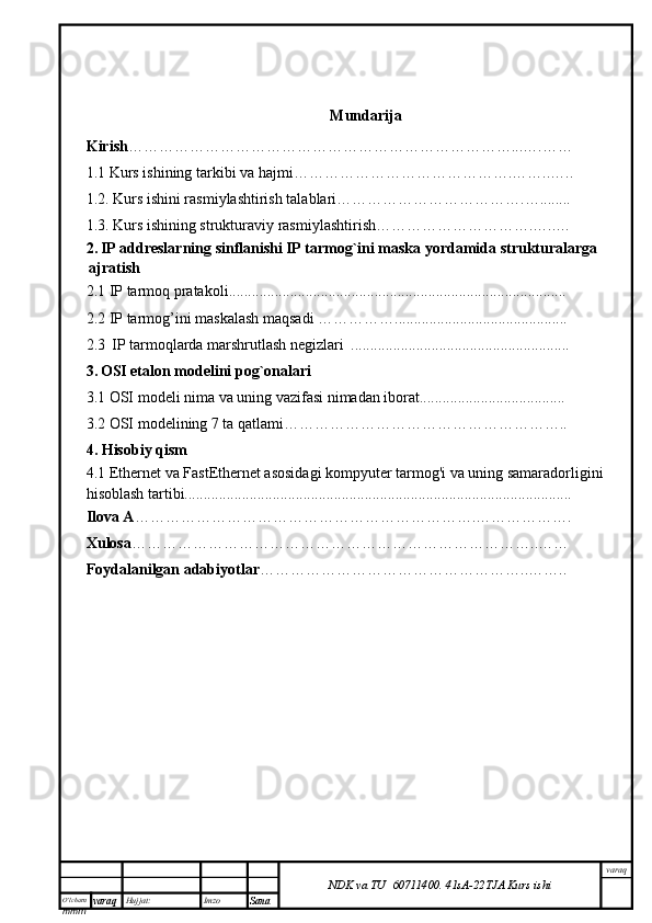 O’lcha m
mm m varaq Hujjat: Imzo
Sana  varaq
NDK va TU  60711400 .   41sA -2 2 TJA  Kurs ishiMundarija
Kirish …………………………………………………………………...….……
1.1 Kurs ishining tarkibi va hajmi…………………………………….……..…..
1.2. Kurs ishini rasmiylashtirish talablari……………………………….…........
1.3. Kurs ishining strukturaviy rasmiylashtirish………………………….…..…
2.   IP addreslarning sinflanishi   IP tarmog`ini maska yordamida strukturalarga
  ajratish
2.1  IP tarmoq pratakoli ........................................................................................
2.2  IP tarmog’ini maskalash maqsadi …………….. ...........................................
2.3    IP tarmoqlarda marshrutlash negizlari    .........................................................
3.   OSI etalon modelini pog`onalari
3.1 OSI modeli nima va uning vazifasi nimadan iborat......................................
3.2 OSI modelining 7 ta qatlami………………………………………………..
4. Hisobiy qism
4.1 Ethernet va FastEthernet asosidagi kompyuter tarmog'i va uning samaradorligini 
hisoblash tartibi.....................................................................................................
Ilova A ………………………………………………………….……………….
Xulosa ……………………………………………………………………..……
Foydalanilgan adabiyotlar ……………………………………………..…….. 