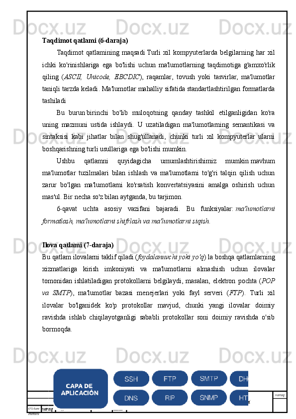 O’lcha m
mm m varaq Hujjat: Imzo
Sana  varaq
NDK va TU  60711400 .   41sA -2 2 TJA  Kurs ishiTaqdimot qatlami (6-daraja)
Taqdimot   qatlamining   maqsadi   Turli   xil   kompyuterlarda   belgilarning   har   xil
ichki   ko'rinishlariga   ega   bo'lishi   uchun   ma'lumotlarning   taqdimotiga   g'amxo'rlik
qiling   ( ASCII,   Unicode,   EBCDIC ),   raqamlar,   tovush   yoki   tasvirlar,   ma'lumotlar
taniqli tarzda keladi . Ma'lumotlar mahalliy sifatida standartlashtirilgan formatlarda
tashiladi
Bu   burun   birinchi   bo'lib   muloqotning   qanday   tashkil   etilganligidan   ko'ra
uning   mazmuni   ustida   ishlaydi .   U   uzatiladigan   ma'lumotlarning   semantikasi   va
sintaksisi   kabi   jihatlar   bilan   shug'ullanadi,   chunki   turli   xil   kompyuterlar   ularni
boshqarishning turli usullariga ega bo'lishi mumkin.
Ushbu   qatlamni   quyidagicha   umumlashtirishimiz   mumkin   mavhum
ma'lumotlar   tuzilmalari   bilan   ishlash   va   ma'lumotlarni   to'g'ri   talqin   qilish   uchun
zarur   bo'lgan   ma'lumotlarni   ko'rsatish   konvertatsiyasini   amalga   oshirish   uchun
mas'ul . Bir necha so'z bilan aytganda, bu tarjimon.
6-qavat   uchta   asosiy   vazifani   bajaradi .   Bu   funksiyalar:   ma'lumotlarni
formatlash, ma'lumotlarni shifrlash va ma'lumotlarni siqish .
Ilova qatlami (7-daraja)
Bu qatlam ilovalarni taklif qiladi ( foydalanuvchi yoki yo'q ) la   boshqa qatlamlarning
xizmatlariga   kirish   imkoniyati   va   ma'lumotlarni   almashish   uchun   ilovalar
tomonidan  ishlatiladigan   protokollarni   belgilaydi ,  masalan,   elektron   pochta   ( POP
va   SMTP ),   ma'lumotlar   bazasi   menejerlari   yoki   fayl   serveri   ( FTP ).   Turli   xil
ilovalar   bo'lganidek   ko'p   protokollar   mavjud,   chunki   yangi   ilovalar   doimiy
ravishda   ishlab   chiqilayotganligi   sababli   protokollar   soni   doimiy   ravishda   o'sib
bormoqda.