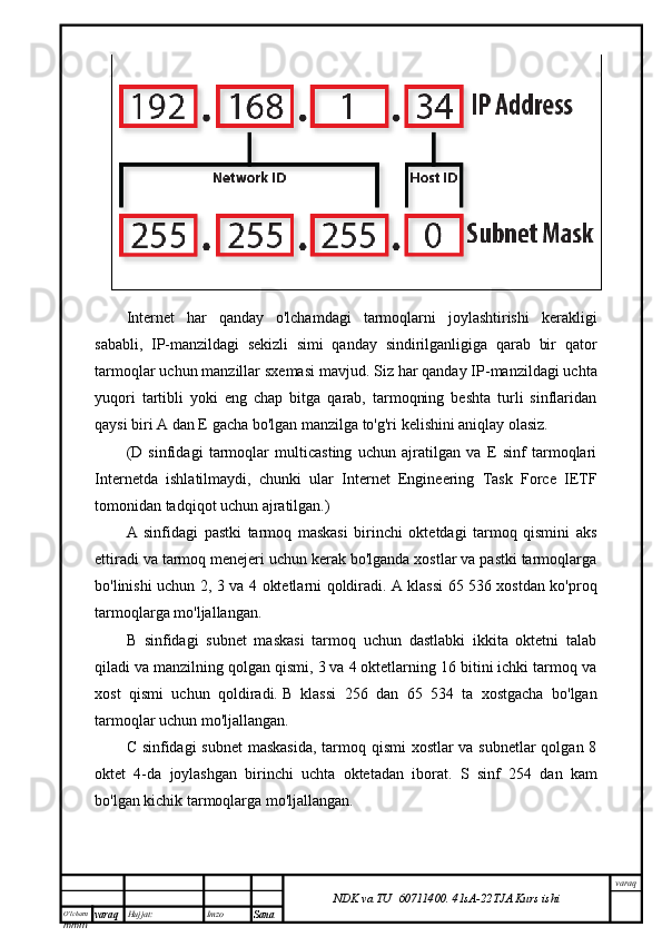 O’lcha m
mm m varaq Hujjat: Imzo
Sana  varaq
NDK va TU  60711400 .   41sA -2 2 TJA  Kurs ishiInternet   har   qanday   o'lchamdagi   tarmoqlarni   joylashtirishi   kerakligi
sababli,   IP-manzildagi   sekizli   simi   qanday   sindirilganligiga   qarab   bir   qator
tarmoqlar uchun manzillar sxemasi mavjud.   Siz har qanday IP-manzildagi uchta
yuqori   tartibli   yoki   eng   chap   bitga   qarab,   tarmoqning   beshta   turli   sinflaridan
qaysi biri A dan E gacha bo'lgan manzilga to'g'ri kelishini aniqlay olasiz.
(D   sinfidagi   tarmoqlar   multicasting   uchun   ajratilgan   va   E   sinf   tarmoqlari
Internetda   ishlatilmaydi,   chunki   ular   Internet   Engineering   Task   Force   IETF
tomonidan tadqiqot uchun ajratilgan.)
A   sinfidagi   pastki   tarmoq   maskasi   birinchi   oktetdagi   tarmoq   qismini   aks
ettiradi va tarmoq menejeri uchun kerak bo'lganda xostlar va pastki tarmoqlarga
bo'linishi uchun 2, 3 va 4 oktetlarni qoldiradi.   A klassi 65 536 xostdan ko'proq
tarmoqlarga mo'ljallangan.
B   sinfidagi   subnet   maskasi   tarmoq   uchun   dastlabki   ikkita   oktetni   talab
qiladi va manzilning qolgan qismi, 3 va 4 oktetlarning 16 bitini ichki tarmoq va
xost   qismi   uchun   qoldiradi.   B   klassi   256   dan   65   534   ta   xostgacha   bo'lgan
tarmoqlar uchun mo'ljallangan.
C sinfidagi  subnet  maskasida,  tarmoq qismi xostlar  va subnetlar  qolgan 8
oktet   4-da   joylashgan   birinchi   uchta   oktetadan   iborat.   S   sinf   254   dan   kam
bo'lgan kichik tarmoqlarga mo'ljallangan. 