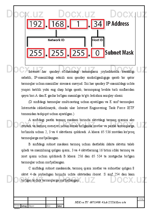 O’lcha m
mm m varaq Hujjat: Imzo
Sana  varaq
NDK va TU  60711400 .   41sA -2 2 TJA  Kurs ishiInternet   har   qanday   o'lchamdagi   tarmoqlarni   joylashtirishi   kerakligi
sababli,   IP-manzildagi   sekizli   simi   qanday   sindirilganligiga   qarab   bir   qator
tarmoqlar uchun manzillar sxemasi mavjud.   Siz har qanday IP-manzildagi uchta
yuqori   tartibli   yoki   eng   chap   bitga   qarab,   tarmoqning   beshta   turli   sinflaridan
qaysi biri A dan E gacha bo'lgan manzilga to'g'ri kelishini aniqlay olasiz.
(D   sinfidagi   tarmoqlar   multicasting   uchun   ajratilgan   va   E   sinf   tarmoqlari
Internetda   ishlatilmaydi,   chunki   ular   Internet   Engineering   Task   Force   IETF
tomonidan tadqiqot uchun ajratilgan.)
A   sinfidagi   pastki   tarmoq   maskasi   birinchi   oktetdagi   tarmoq   qismini   aks
ettiradi va tarmoq menejeri uchun kerak bo'lganda xostlar va pastki tarmoqlarga
bo'linishi uchun 2, 3 va 4 oktetlarni qoldiradi.   A klassi 65 536 xostdan ko'proq
tarmoqlarga mo'ljallangan.
B   sinfidagi   subnet   maskasi   tarmoq   uchun   dastlabki   ikkita   oktetni   talab
qiladi va manzilning qolgan qismi, 3 va 4 oktetlarning 16 bitini ichki tarmoq va
xost   qismi   uchun   qoldiradi.   B   klassi   256   dan   65   534   ta   xostgacha   bo'lgan
tarmoqlar uchun mo'ljallangan.
C sinfidagi  subnet  maskasida,  tarmoq qismi xostlar  va subnetlar  qolgan 8
oktet   4-da   joylashgan   birinchi   uchta   oktetadan   iborat.   S   sinf   254   dan   kam
bo'lgan kichik tarmoqlarga mo'ljallangan.