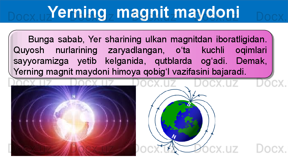 Yerning  magnit maydoni
        Bunga  sabab,  Yer  sharining  ulkan  magnitdan  iboratligidan. 
Quyosh  nurlarining  zaryadlangan,  o‘ta  kuchli  oqimlari 
sayyoramizga  yetib  kelganida,  qutblarda  og‘adi.  Demak, 
Yerning magnit maydoni himoya qobig‘I vazifasini bajaradi.    