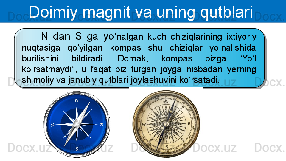 Doimiy magnit va uning qutblari 
        N  dan  S  ga  yo ‘nalgan  kuch  chiziqlarining  ixtiyoriy 
nuqtasiga  qo‘yilgan  kompas  shu  chiziqlar  yo‘nalishida 
burilishini  bildiradi.  Demak,  kompas  bizga  “Yo‘l 
ko‘rsatmaydi”,  u  faqat  biz  turgan  joyga  nisbadan  yerning 
shimoliy va janubiy qutblari joylashuvini ko‘rsatadi.