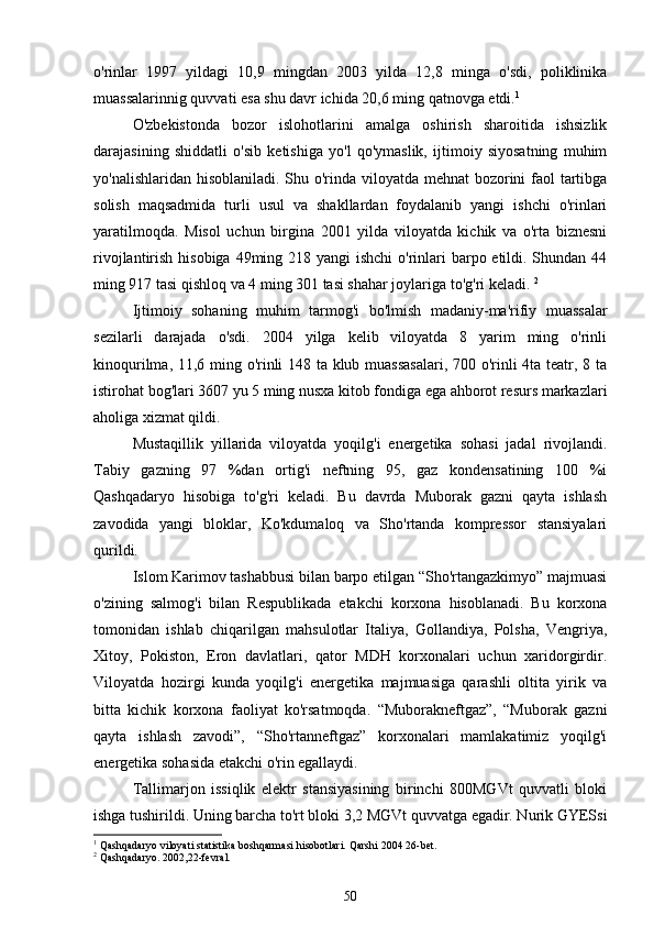 o'rinlar   1997   yildagi   10,9   mingdan   2003   yilda   12,8   minga   o'sdi,   poliklinika
muassalarinnig quvvati esa shu davr ichida 20,6 ming qatnovga etdi. 1
O'zbekistonda   bozor   islohotlarini   amalga   oshirish   sharoitida   ishsizlik
darajasining   shiddatli   o'sib   ketishiga   yo'l   qo'ymaslik,   ijtimoiy   siyosatning   muhim
yo'nalishlaridan hisoblaniladi. Shu o'rinda viloyatda mehnat bozorini  faol tartibga
solish   maqsadmida   turli   usul   va   shakllardan   foydalanib   yangi   ishchi   o'rinlari
yaratilmoqda.   Misol   uchun   birgina   2001   yilda   viloyatda   kichik   va   o'rta   biznesni
rivojlantirish hisobiga 49ming 218 yangi  ishchi  o'rinlari  barpo etildi. Shundan 44
ming 917 tasi qishloq va 4 ming 301 tasi shahar joylariga to'g'ri keladi.  2
Ijtimoiy   sohaning   muhim   tarmog'i   bo'lmish   madaniy-ma'rifiy   muassalar
sezilarli   darajada   o'sdi.   2004   yilga   kelib   viloyatda   8   yarim   ming   o'rinli
kinoqurilma, 11,6 ming o'rinli 148 ta klub muassasalari, 700 o'rinli 4ta teatr, 8 ta
istirohat bog'lari 3607 yu 5 ming nusxa kitob fondiga ega ahborot resurs markazlari
aholiga xizmat qildi.
Mustaqillik   yillarida   viloyatda   yoqilg'i   energetika   sohasi   jadal   rivojlandi.
Tabiy   gazning   97   %dan   ortig'i   neftning   95,   gaz   kondensatining   100   %i
Qashqadaryo   hisobiga   to'g'ri   keladi.   Bu   davrda   Muborak   gazni   qayta   ishlash
zavodida   yangi   bloklar,   Ko'kdumaloq   va   Sho'rtanda   kompressor   stansiyalari
qurildi.
Islom Karimov tashabbusi bilan barpo etilgan “Sho'rtangazkimyo” majmuasi
o'zining   salmog'i   bilan   Respublikada   etakchi   korxona   hisoblanadi.   Bu   korxona
tomonidan   ishlab   chiqarilgan   mahsulotlar   Italiya,   Gollandiya,   Polsha,   Vengriya,
Xitoy,   Pokiston,   Eron   davlatlari,   qator   MDH   korxonalari   uchun   xaridorgirdir.
Viloyatda   hozirgi   kunda   yoqilg'i   energetika   majmuasiga   qarashli   oltita   yirik   va
bitta   kichik   korxona   faoliyat   ko'rsatmoqda.   “Muborakneftgaz”,   “Muborak   gazni
qayta   ishlash   zavodi”,   “Sho'rtanneftgaz”   korxonalari   mamlakatimiz   yoqilg'i
energetika sohasida etakchi o'rin egallaydi. 
Tallimarjon   issiqlik   elektr   stansiyasining   birinchi   800MGVt   quvvatli   bloki
ishga tushirildi. Uning barcha to'rt bloki 3,2 MGVt quvvatga egadir. Nurik GYESsi
1
  Qashqadaryo viloyati statistika boshqarmasi hisobotlari. Qarshi 2004 26-bet.
2
 Qashqadaryo. 2002,22-fevral.
50 