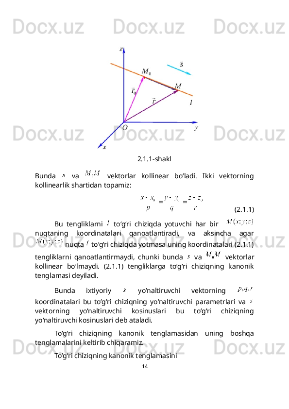2.1.1-shakl
Bunda     va     vektorlar   kollinear   bo‘ladi.   Ikki   vektorning
kollinearlik shartidan topamiz:
                 (2.1.1)
Bu   tengliklarni     to‘g‘ri   chiziqda   yotuvchi   har   bir    
nuqtaning   koordinatalari   qanoatlantiradi,   va   aksincha   agar
 nuqta   to‘g‘ri chiziqda yotmasa uning koordinatalari (2.1.1)
tengliklarni   qanoatlantirmaydi,   chunki   bunda     va     vektorlar
kollinear   bo‘lmaydi.   (2.1.1)   tengliklarga   to‘g‘ri   chiziqning   kanonik
tеnglamasi dеyiladi.
Bunda   ixtiyoriy     yo‘naltiruvchi   vektorning  
koordinatalari   bu   to‘g‘ri   chiziqning   yo‘naltiruvchi   parametrlari   va  
vektorning   yo‘naltiruvchi   kosinuslari   bu   to‘g‘ri   chiziqning
yo‘naltiruvchi kosinuslari deb ataladi.
To‘g‘ri   chiziqning   kanonik   tenglamasidan   uning   boshqa
tenglamalarini keltirib chiqaramiz.
To‘g‘ri chiziqning kanonik tenglamasini
14