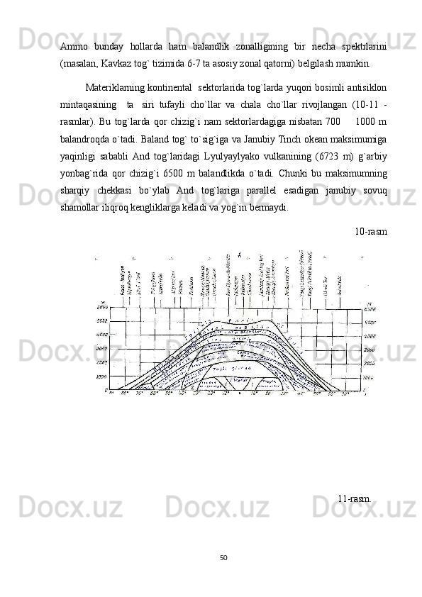 Ammo   bunday   hollarda   ham   balandlik   zonalligining   bir   necha   spektrlarini
(masalan, Kavkaz tog` tizimida 6-7 ta asosiy zonal qatorni) belgilash mumkin.
Materiklarning kontinental   sektorlarida tog`larda yuqori bosimli antisiklon
mintaqasining     ta siri   tufayli   cho`llar   va   chala   cho`llar   rivojlangan   (10-11   -
rasmlar).  Bu   tog`larda  qor  chizig`i   nam   sektorlardagiga   nisbatan   700    1000  m	

balandroqda o`tadi. Baland tog` to`sig`iga va Janubiy Tinch okean maksimumiga
yaqinligi   sababli   And   tog`laridagi   Lyulyaylyako   vulkanining   (6723   m)   g`arbiy
yonbag`rida   qor   chizig`i   6500   m   balandlikda   o`tadi.   Chunki   bu   maksimumning
sharqiy   chekkasi   bo`ylab   And   tog`lariga   parallel   esadigan   janubiy   sovuq
shamollar iliqroq kengliklarga keladi va yog`in bermaydi.   
10-rasm
                                                                                                                           
                                                                                                                     11-rasm.
50 