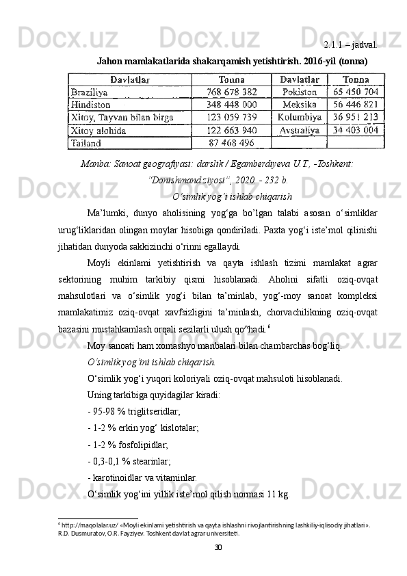 2.1.1 – jadval.
Jahon mamlakatlarida shakarqamish yetishtirish. 2016-yil (tonna)
Manba: Sanoat geografiyasi: darslik / Egamberdiyeva U.T., -Toshkent:
“Donishmand ziyosi”, 2020. - 232 b.
O‘simlik yog‘i ishlab chiqarish
Ma’lumki,   dunyo   aholisining   yog‘ga   bo’lgan   talabi   asosan   o‘simliklar
urug‘liklaridan olingan moylar hisobiga qondiriladi. Paxta yog‘i iste’mol qilinishi
jihatidan dunyoda sakkizinchi o‘rinni egallaydi.
Moyli   ekinlami   yetishtirish   va   qayta   ishlash   tizimi   mamlakat   agrar
sektorining   muhim   tarkibiy   qismi   hisoblanadi.   Aholini   sifatli   oziq-ovqat
mahsulotlari   va   o‘simlik   yog‘i   bilan   ta’minlab,   yog‘-moy   sanoat   kompleksi
mamlakatimiz   oziq-ovqat   xavfsizligini   ta’minlash,   chorvachilikning   oziq-ovqat
bazasini mustahkamlash orqali sezilarli ulush qo^hadi. 6
Moy sanoati ham xomashyo manbalari bilan chambarchas bog‘liq.
O‘simlik yog‘ini ishlab chiqarish.
O‘simlik yog‘i yuqori koloriyali oziq-ovqat mahsuloti hisoblanadi.
Uning tarkibiga quyidagilar kiradi:
- 95-98 % triglitseridlar;
- 1-2 % erkin yog‘ kislotalar;
- 1-2 % fosfolipidlar;
- 0,3-0,1 % stearinlar;
- karotinoidlar va vitaminlar.
O‘simlik yog‘ini yillik iste’mol qilish normasi 11 kg.
6
 http://maqolalar.uz/ «Moyli ekinlami yetishtirish va qayta ishlashni rivojlantirishning lashkiliy-iqlisodiy jihatlari». 
R.D. Dusmuratov, O.R. Fayziyev. Toshkent davlat agrar universiteti.
30 