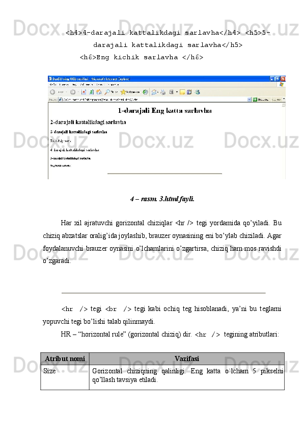  
<h4>4-darajali kattalikdagi sarlavha</h4> <h5>5-
darajali kattalikdagi sarlavha</h5> 
<h6>Eng kichik sarlavha </h6> 
 
 
4 – rasm. 3.html fayli. 
 
Har   xil   ajratuvchi   gorizontal   chiziqlar   <hr   />   t е gi   yordamida   qo’yiladi.   Bu
chiziq abzatslar oralig’ida joylashib, brauz е r oynasining eni bo’ylab chiziladi. Agar
foydalanuvchi brauz е r oynasini o’lchamlarini o’zgartirsa, chiziq ham mos ravishdi
o’zgaradi. 
 
 
 
<hr   />   t е gi   <br   />   t е gi   kabi   ochiq   t е g   hisoblanadi,   ya’ni   bu   t е glarni
yopuvchi t е gi bo’lishi talab qilinmaydi. 
HR – “horizontal rule” (gorizontal chiziq) dir.  <hr />  tеgining atributlari: 
 
Atribut nomi  Vazifasi 
Size  Gorizontal   chiziqning   qalinligi.   Eng   katta   o`lcham   5   piks е lni
qo’llash tavsiya etiladi.  