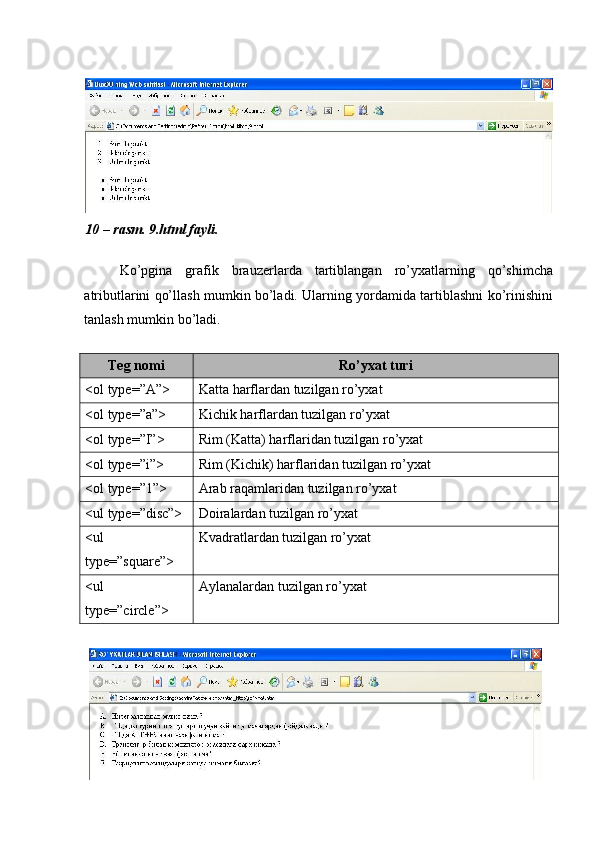  
 
 
10 – rasm. 9.html fayli. 
 
Ko’pgina   grafik   brauzеrlarda   tartiblangan   ro’yxatlarning   qo’shimcha
atributlarini qo’llash mumkin bo’ladi. Ularning yordamida tartiblashni ko’rinishini
tanlash mumkin bo’ladi. 
 
Tеg nomi  Ro’yxat turi 
<ol type=”A”>  Katta harflardan tuzilgan ro’yxat 
<ol type=”a”>  Kichik harflardan tuzilgan ro’yxat 
<ol type=”I”>  Rim (Katta) harflaridan tuzilgan ro’yxat 
<ol type=”i”>  Rim (Kichik) harflaridan tuzilgan ro’yxat  
<ol type=”1”>  Arab raqamlaridan tuzilgan ro’yxat 
<ul type=”disc”>  Doiralardan tuzilgan ro’yxat 
<ul 
type=”square”>  Kvadratlardan tuzilgan ro’yxat 
<ul 
type=”circle”>  Aylanalardan tuzilgan ro’yxat 
  