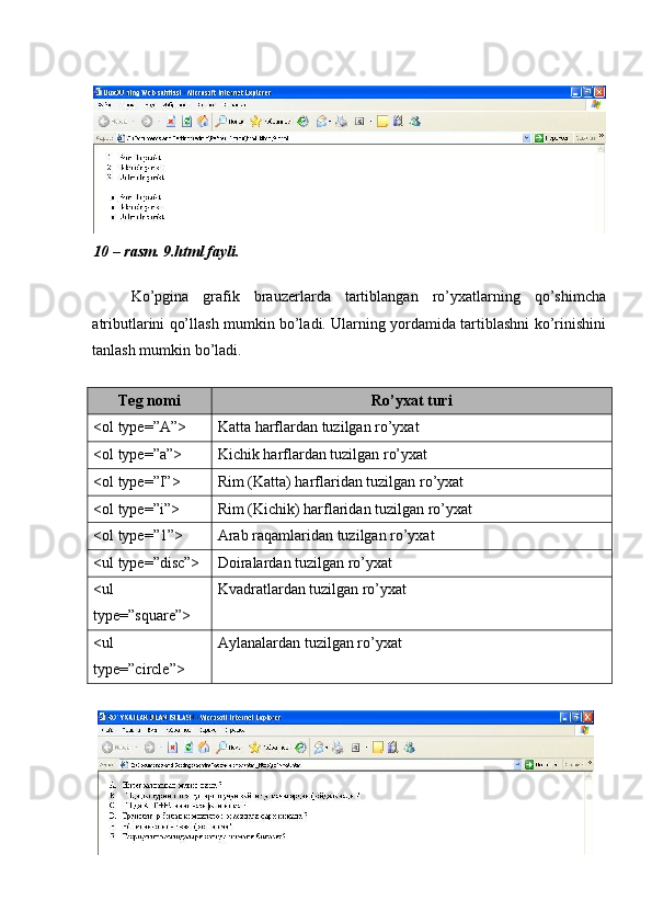 10 – rasm. 9.html fayli. 
 
Ko’pgina   grafik   brauzеrlarda   tartiblangan   ro’yxatlarning   qo’shimcha
atributlarini qo’llash mumkin bo’ladi. Ularning yordamida tartiblashni ko’rinishini
tanlash mumkin bo’ladi. 
 
Tеg nomi  Ro’yxat turi 
<ol type=”A”>  Katta harflardan tuzilgan ro’yxat 
<ol type=”a”>  Kichik harflardan tuzilgan ro’yxat 
<ol type=”I”>  Rim (Katta) harflaridan tuzilgan ro’yxat 
<ol type=”i”>  Rim (Kichik) harflaridan tuzilgan ro’yxat  
<ol type=”1”>  Arab raqamlaridan tuzilgan ro’yxat 
<ul type=”disc”>  Doiralardan tuzilgan ro’yxat 
<ul 
type=”square”>  Kvadratlardan tuzilgan ro’yxat 
<ul 
type=”circle”>  Aylanalardan tuzilgan ro’yxat
